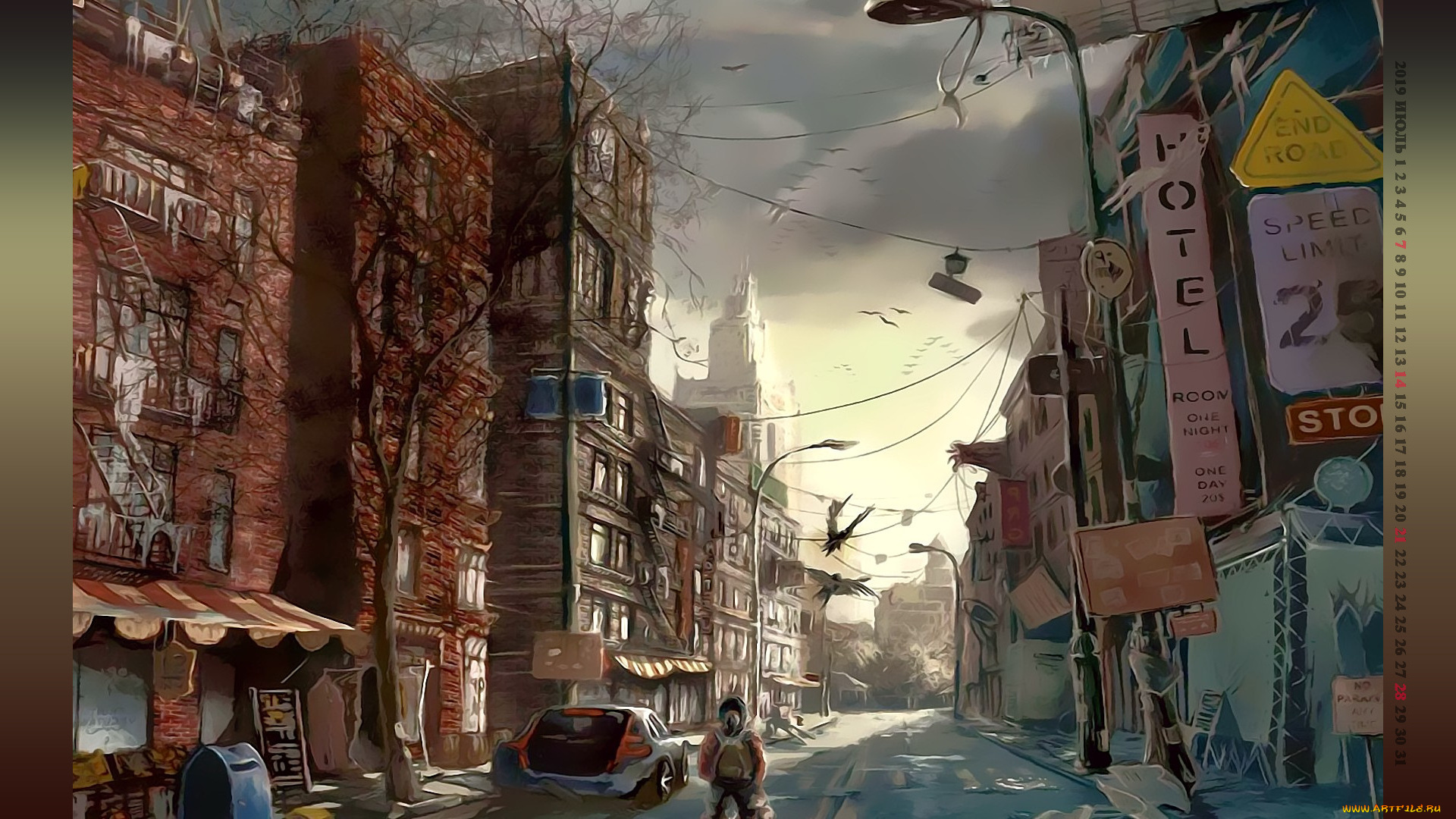 календари, фэнтези, 2019, calendar, город, улица, здание, машина, человек, катаклизм