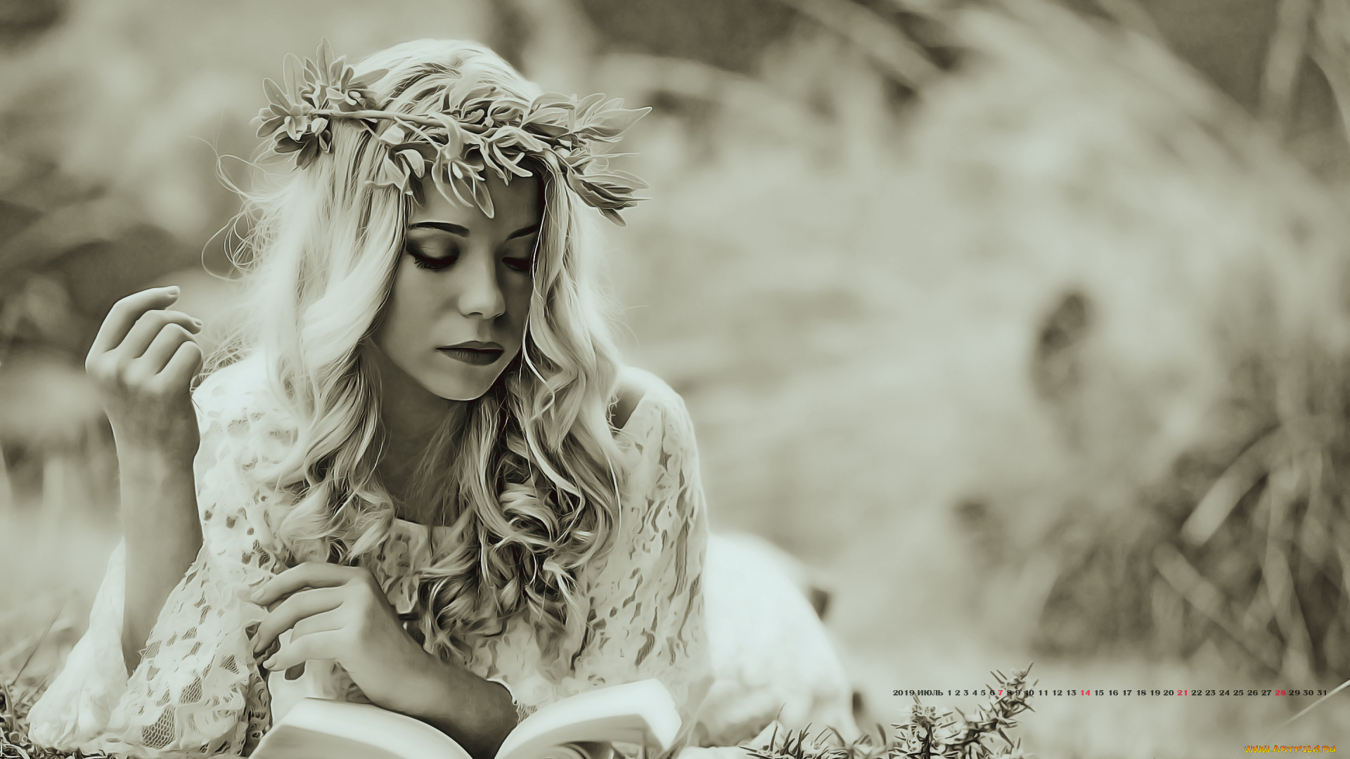 календари, компьютерный, дизайн, 2019, книга, девушка, венок, женщина, calendar