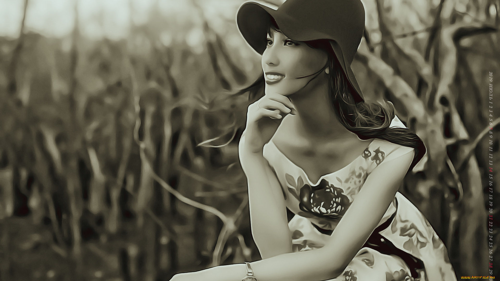 календари, компьютерный, дизайн, calendar, женщина, 2019, сидеть, улыбка, девушка, шляпа