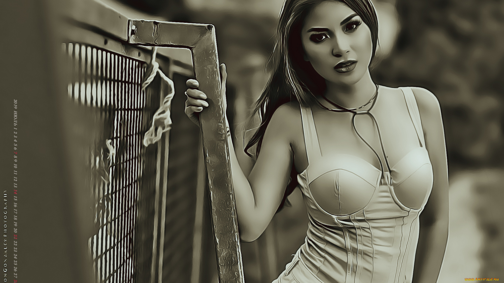 календари, компьютерный, дизайн, решетка, девушка, взгляд, ограждение, женщина, calendar, 2019