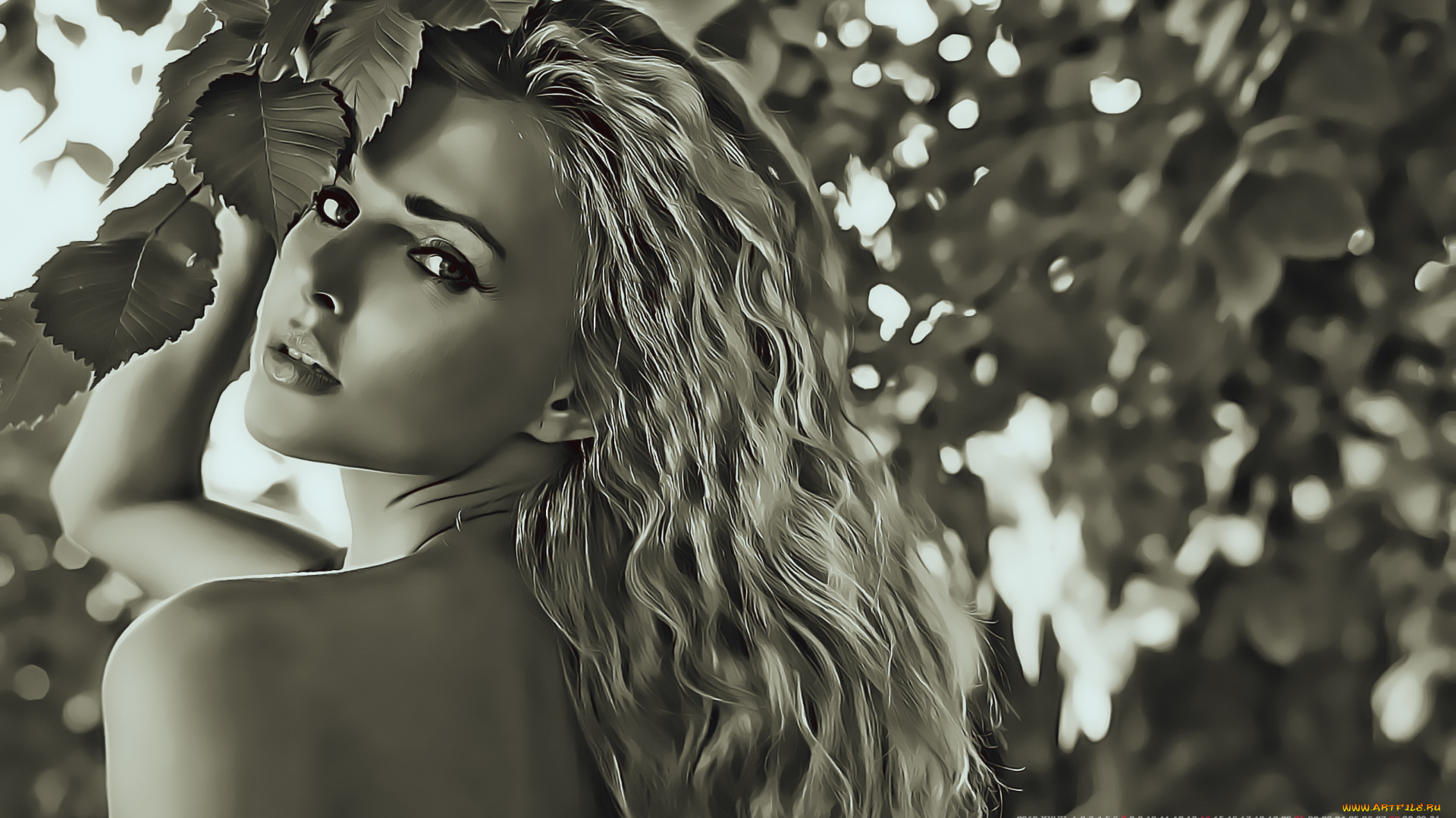 календари, компьютерный, дизайн, женщина, calendar, 2019, листья, взгляд, девушка, лицо