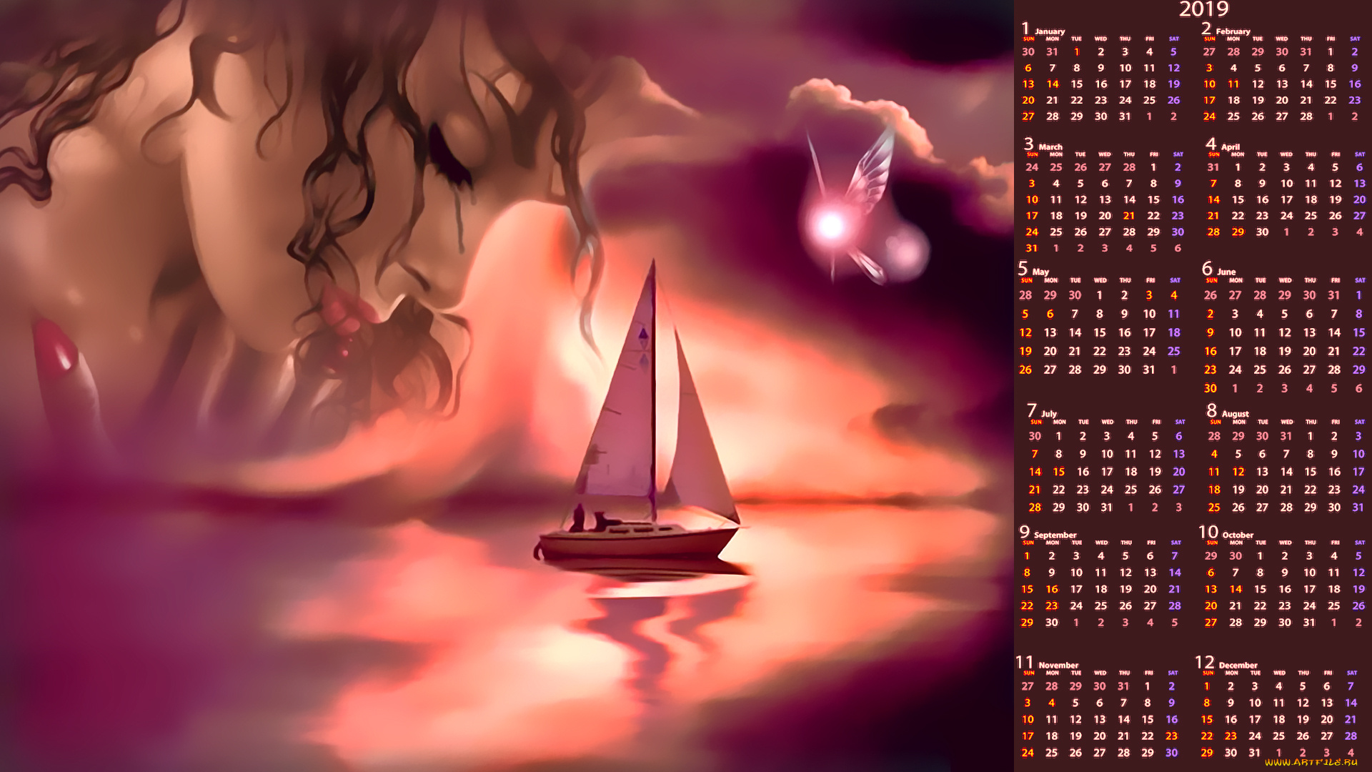 календари, рисованные, , векторная, графика, водоем, яхта, парус, 2019, calendar, лицо, женщина, девушка, образ