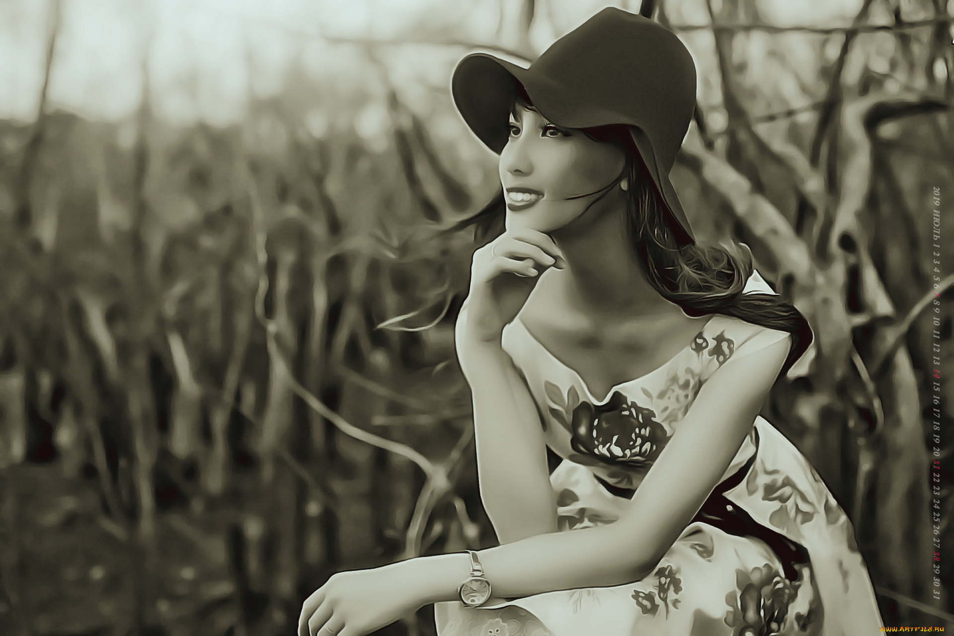 календари, компьютерный, дизайн, calendar, женщина, 2019, сидеть, улыбка, девушка, шляпа