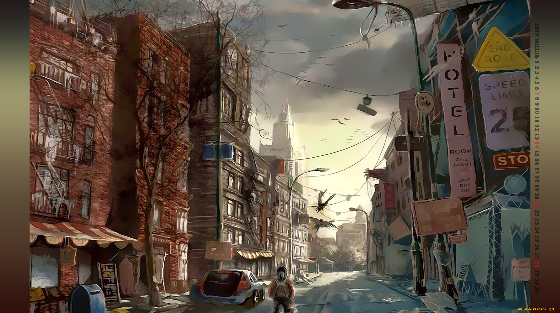 календари, фэнтези, 2019, calendar, город, улица, здание, машина, человек, катаклизм