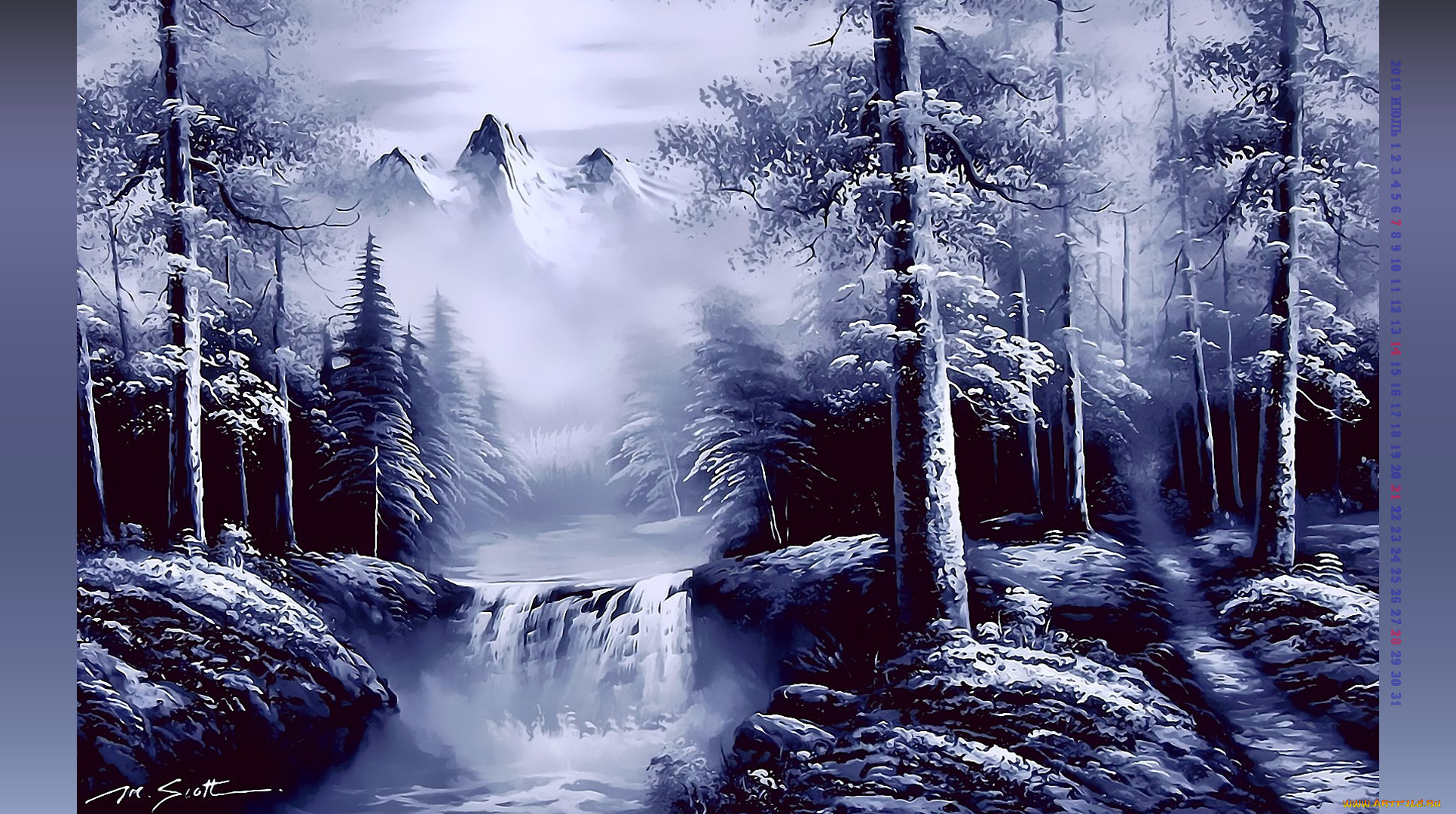 календари, рисованные, , векторная, графика, гора, снег, водопад, лес, скала, вершина, природа, дерево, 2019, calendar