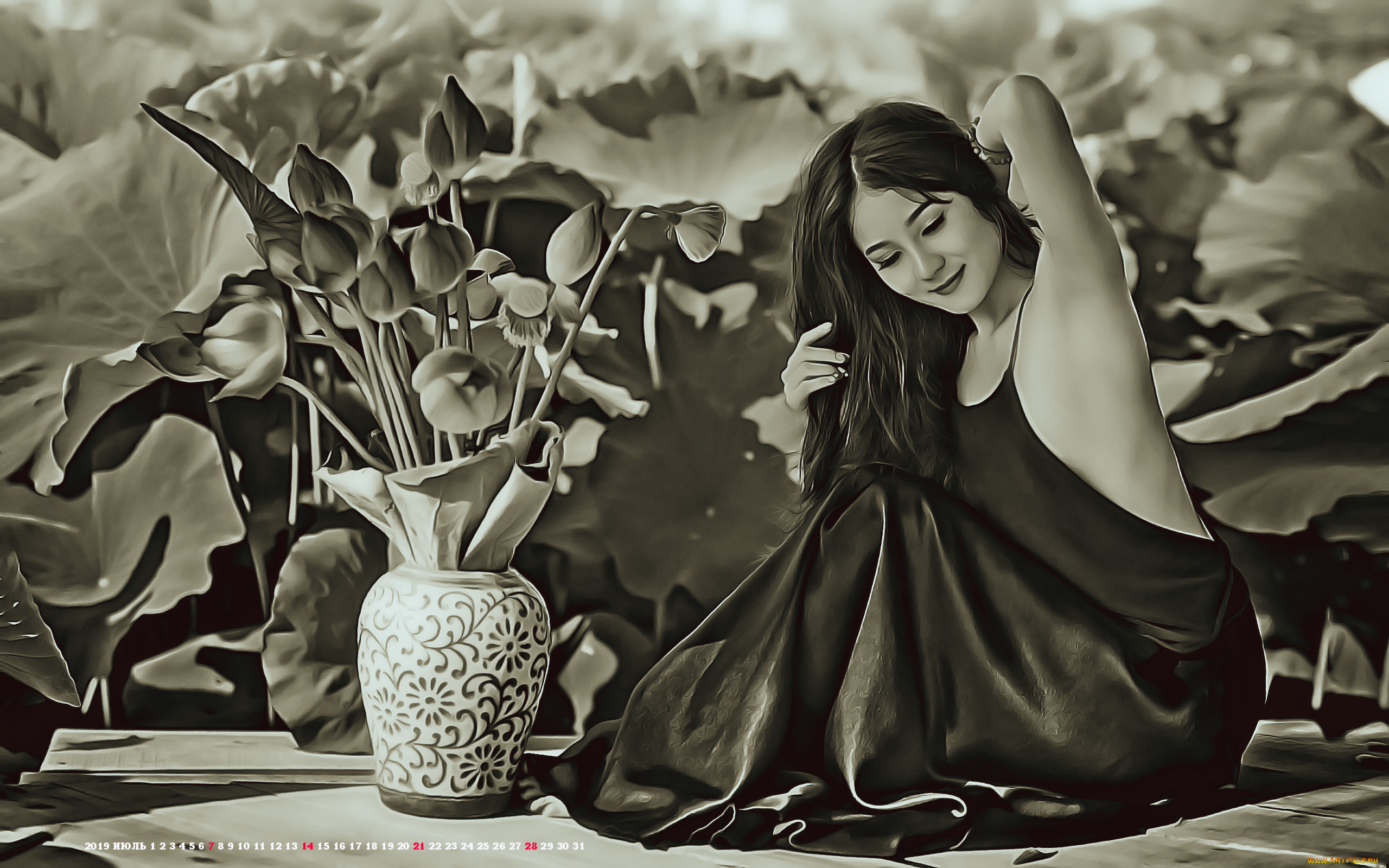 календари, компьютерный, дизайн, ваза, букет, 2019, calendar, сидеть, цветы, девушка, поза, женщина