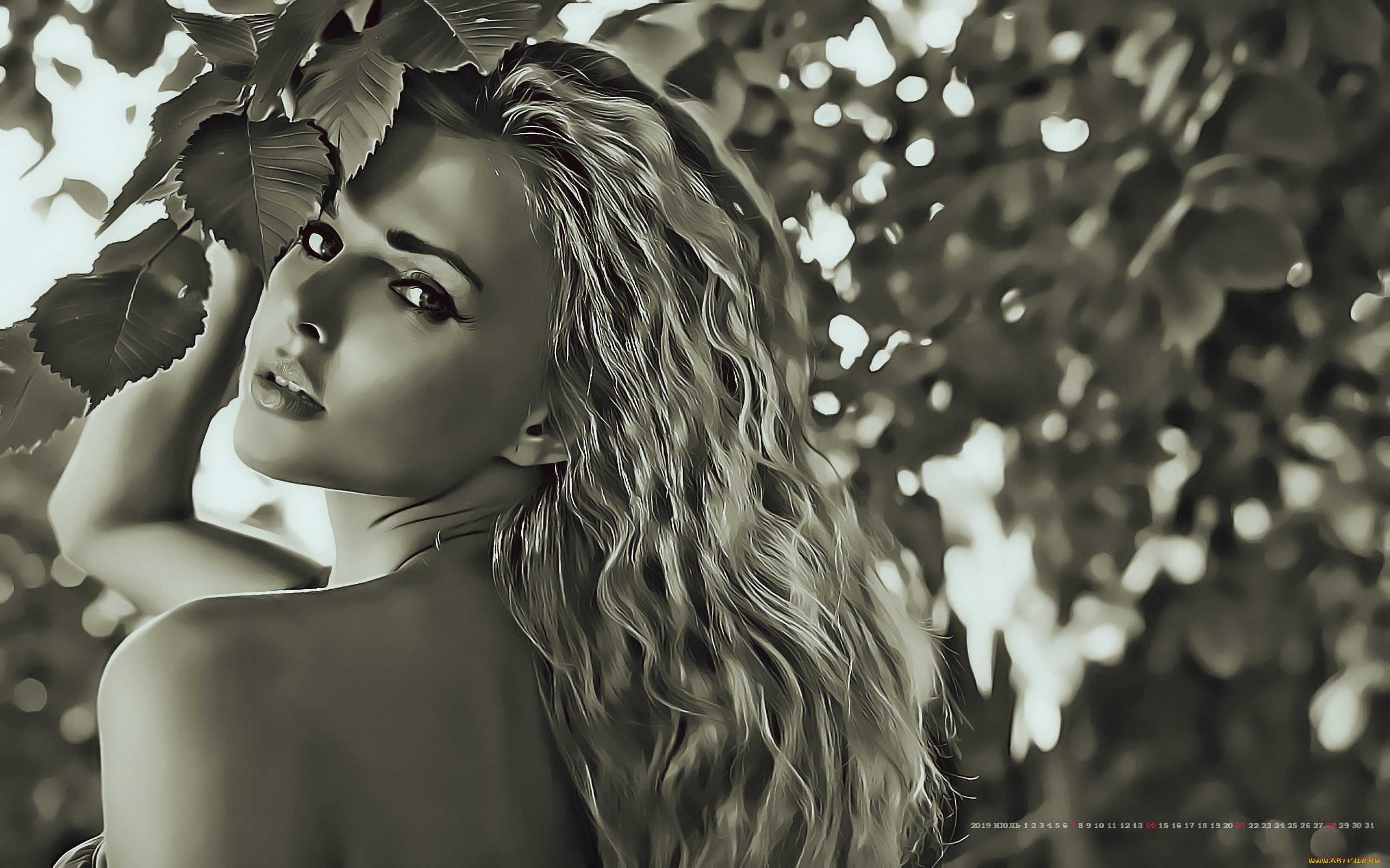 календари, компьютерный, дизайн, женщина, calendar, 2019, листья, взгляд, девушка, лицо