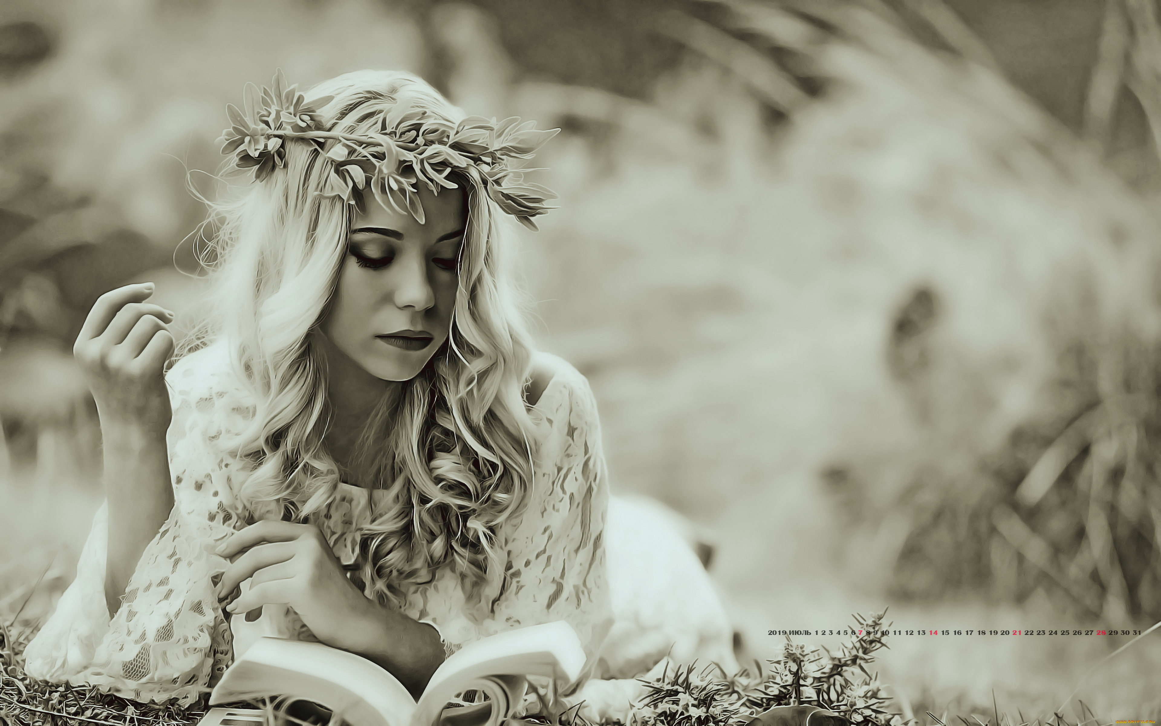 календари, компьютерный, дизайн, 2019, книга, девушка, венок, женщина, calendar