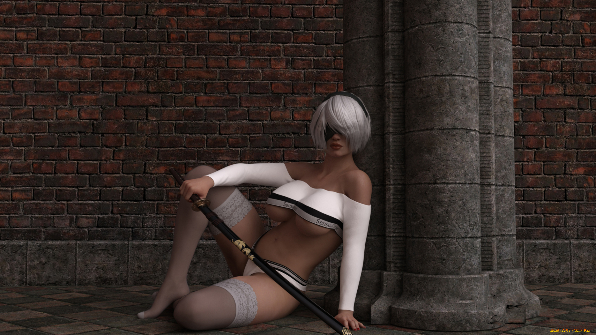 видео, игры, nier, , automata, девушка, фон, маска, меч, чулки