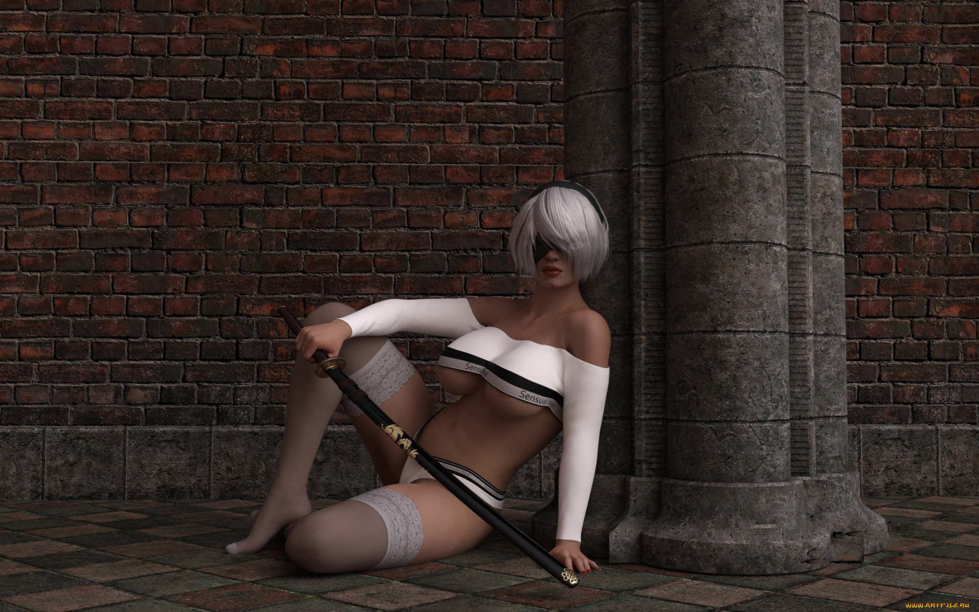 видео, игры, nier, , automata, девушка, фон, маска, меч, чулки