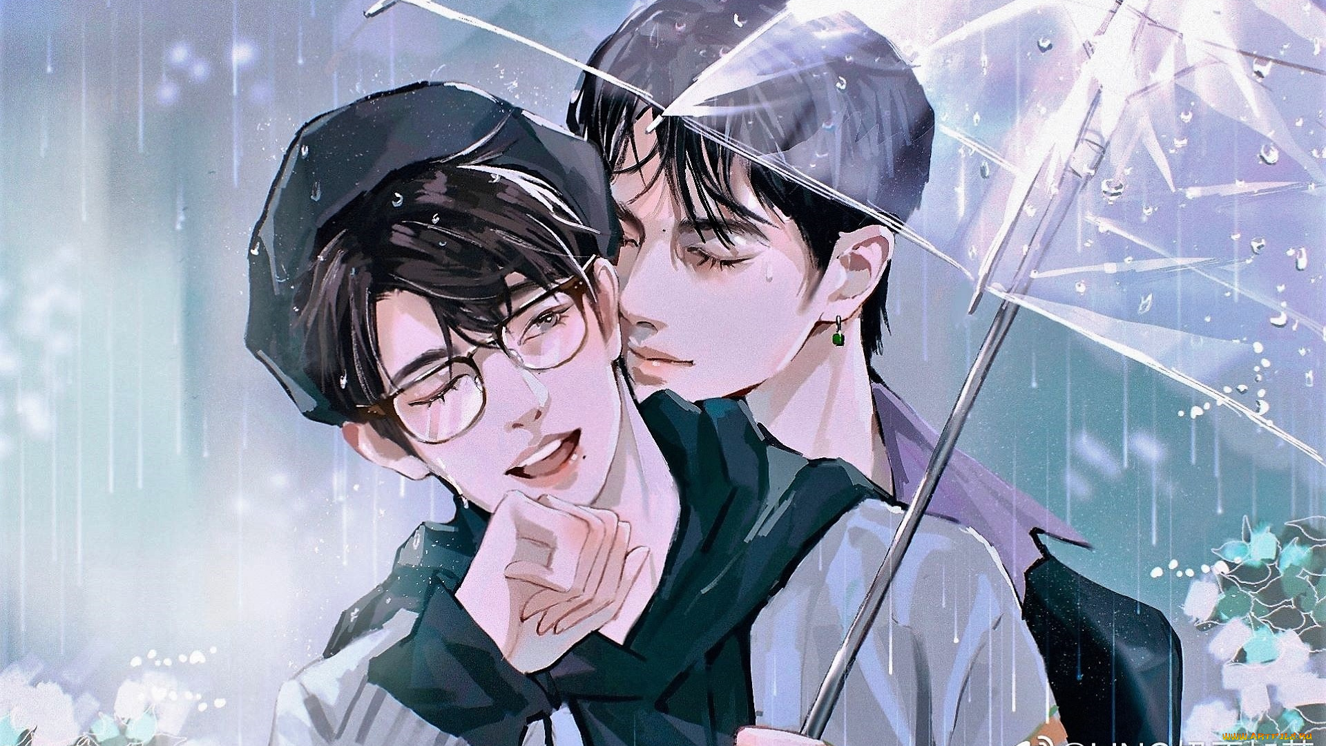 рисованное, люди, парни, дождь, зонт, очки