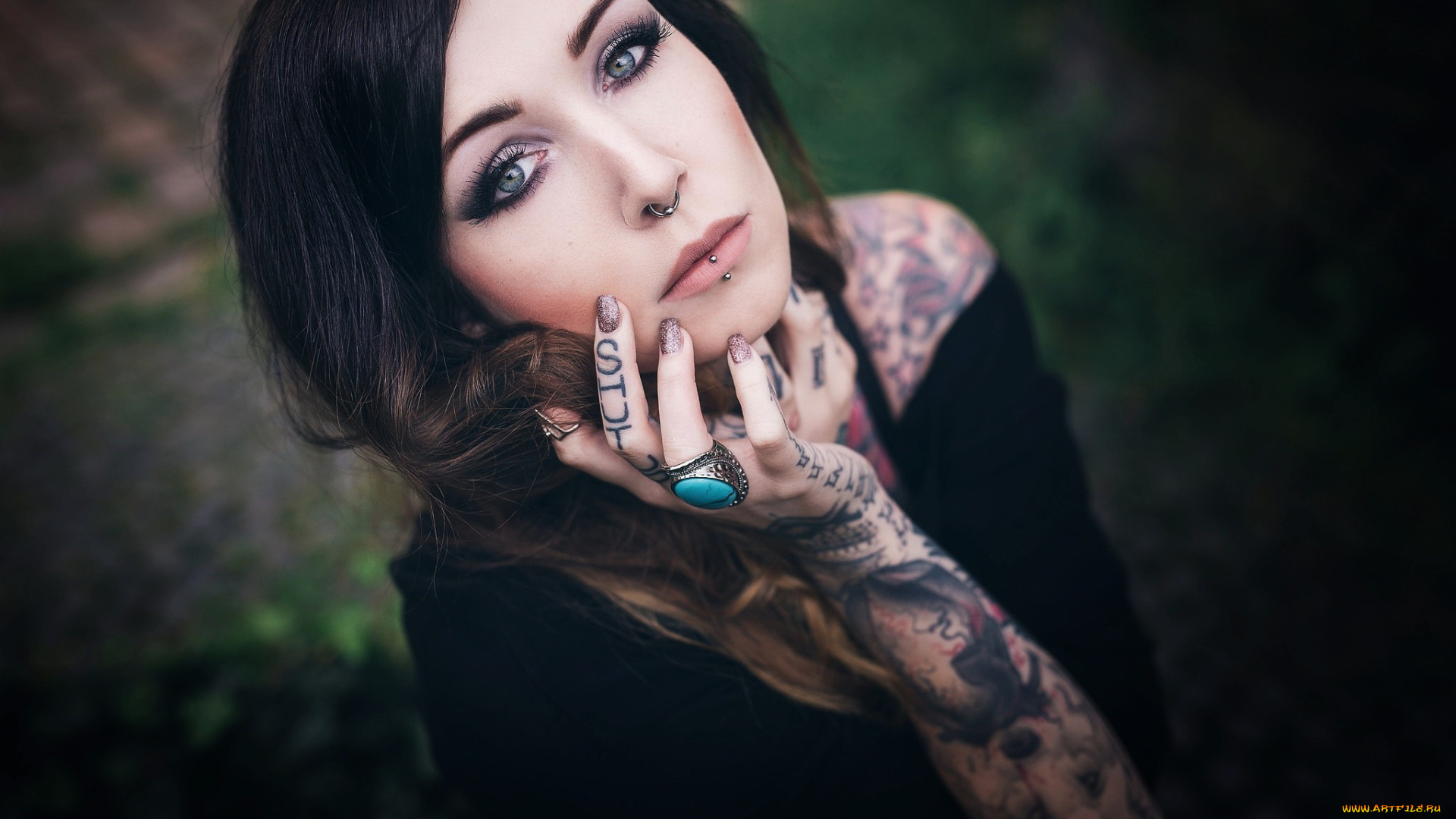 девушки, -, лица, , портреты, брюнетка, пирсинг, тату