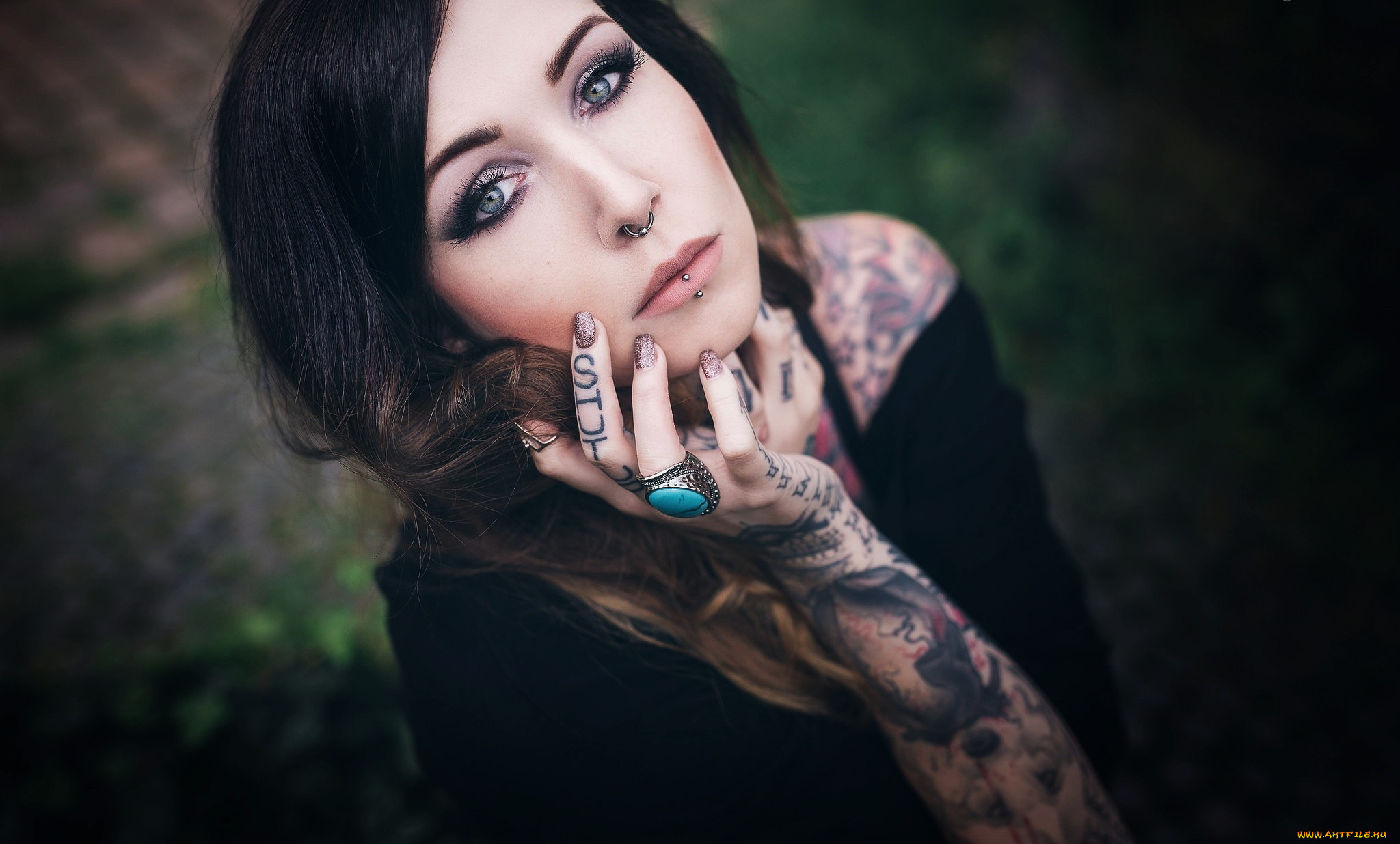девушки, -, лица, , портреты, брюнетка, пирсинг, тату