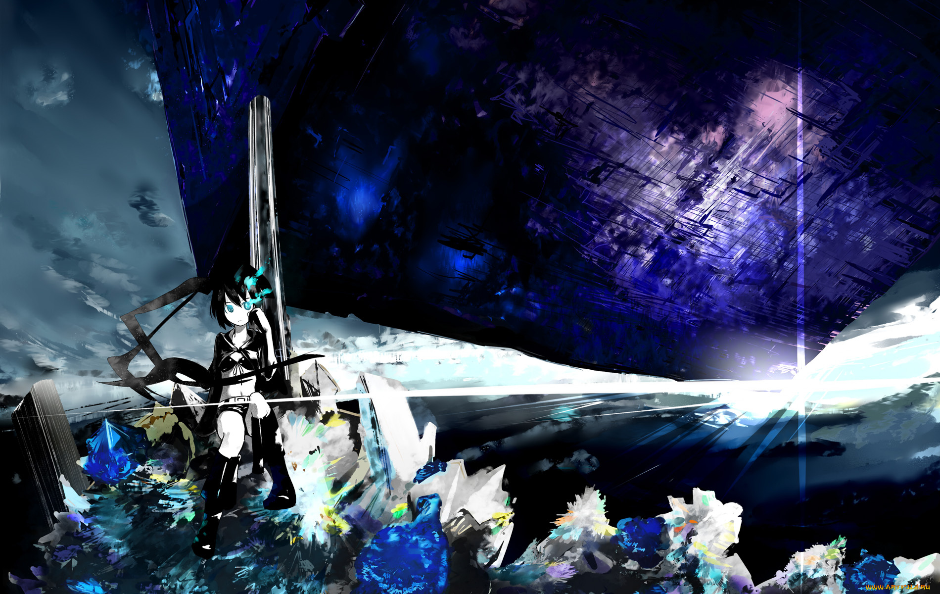 аниме, black, rock, shooter, девушка, небо, глаза