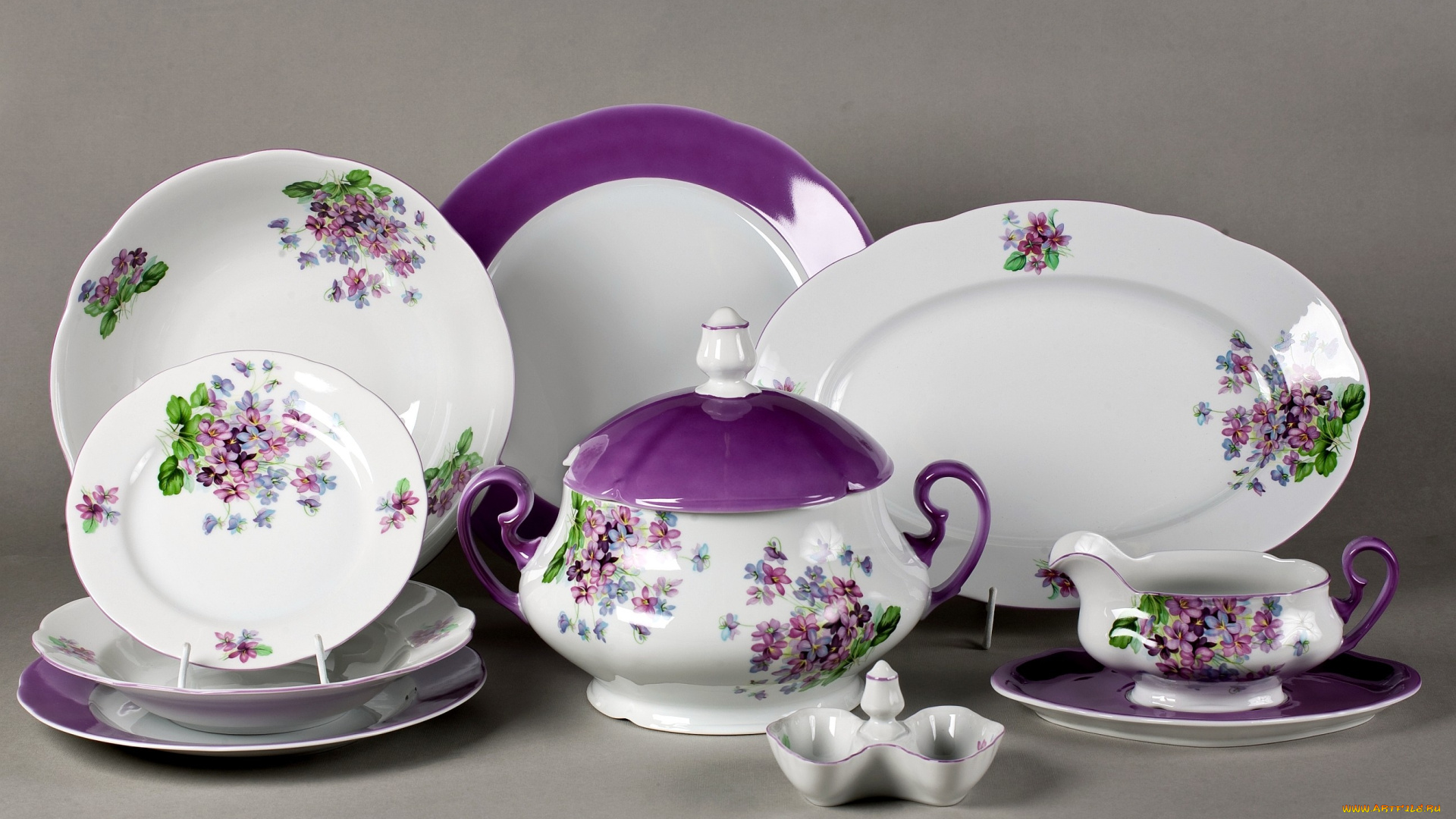 разное, посуда, столовые, приборы, кухонная, утварь, тарелки, фиолетовый, цветы, сервиз