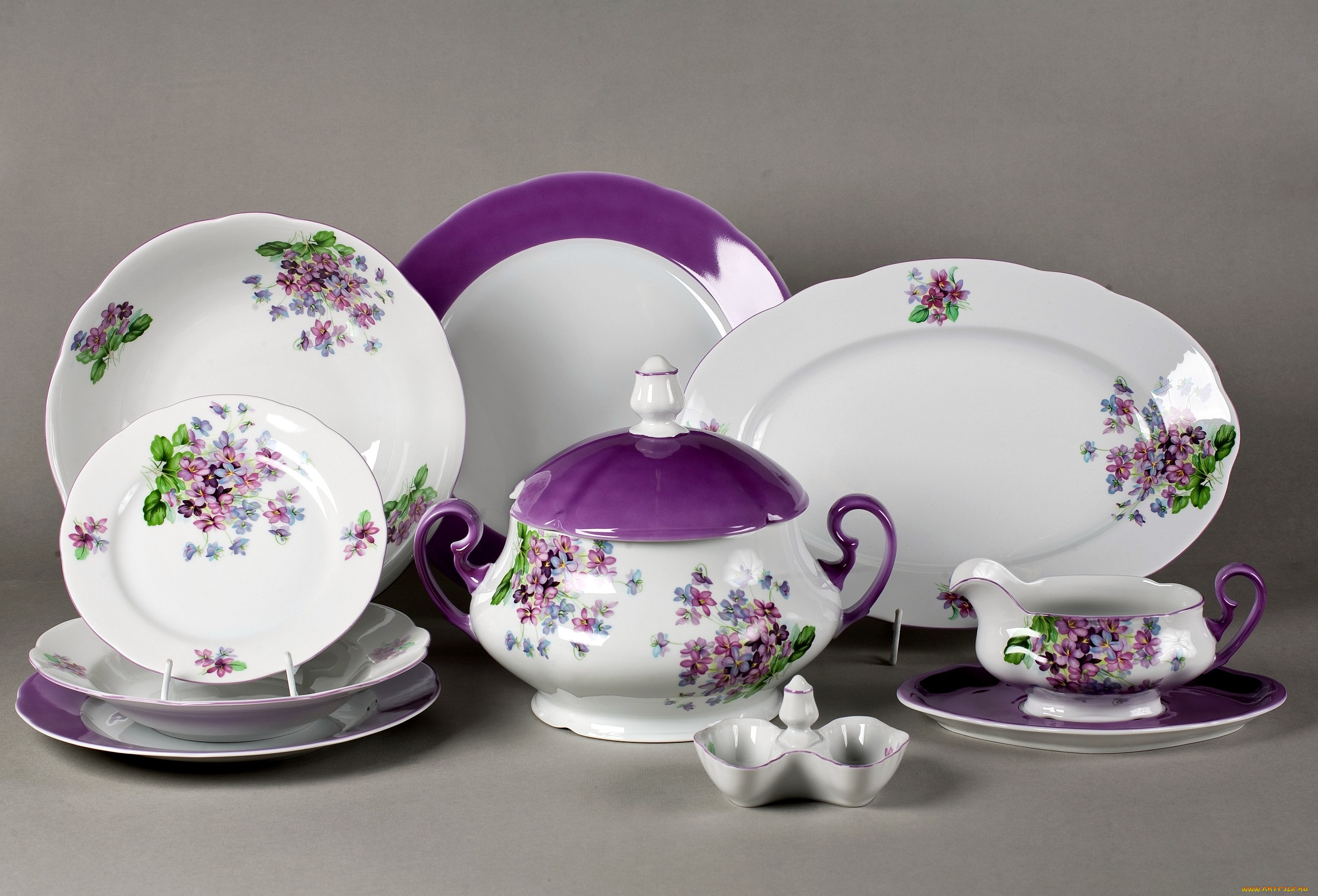 разное, посуда, столовые, приборы, кухонная, утварь, тарелки, фиолетовый, цветы, сервиз