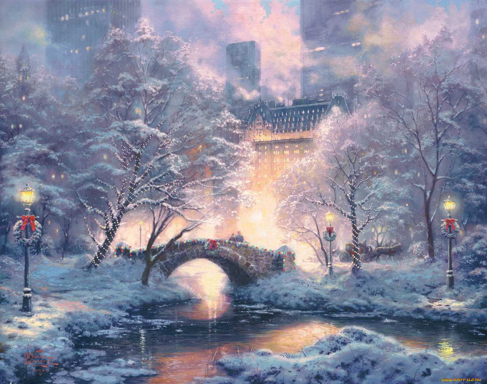 рисованные, thomas, kinkade, нью-йорк, центральный, парк, деревья, мост
