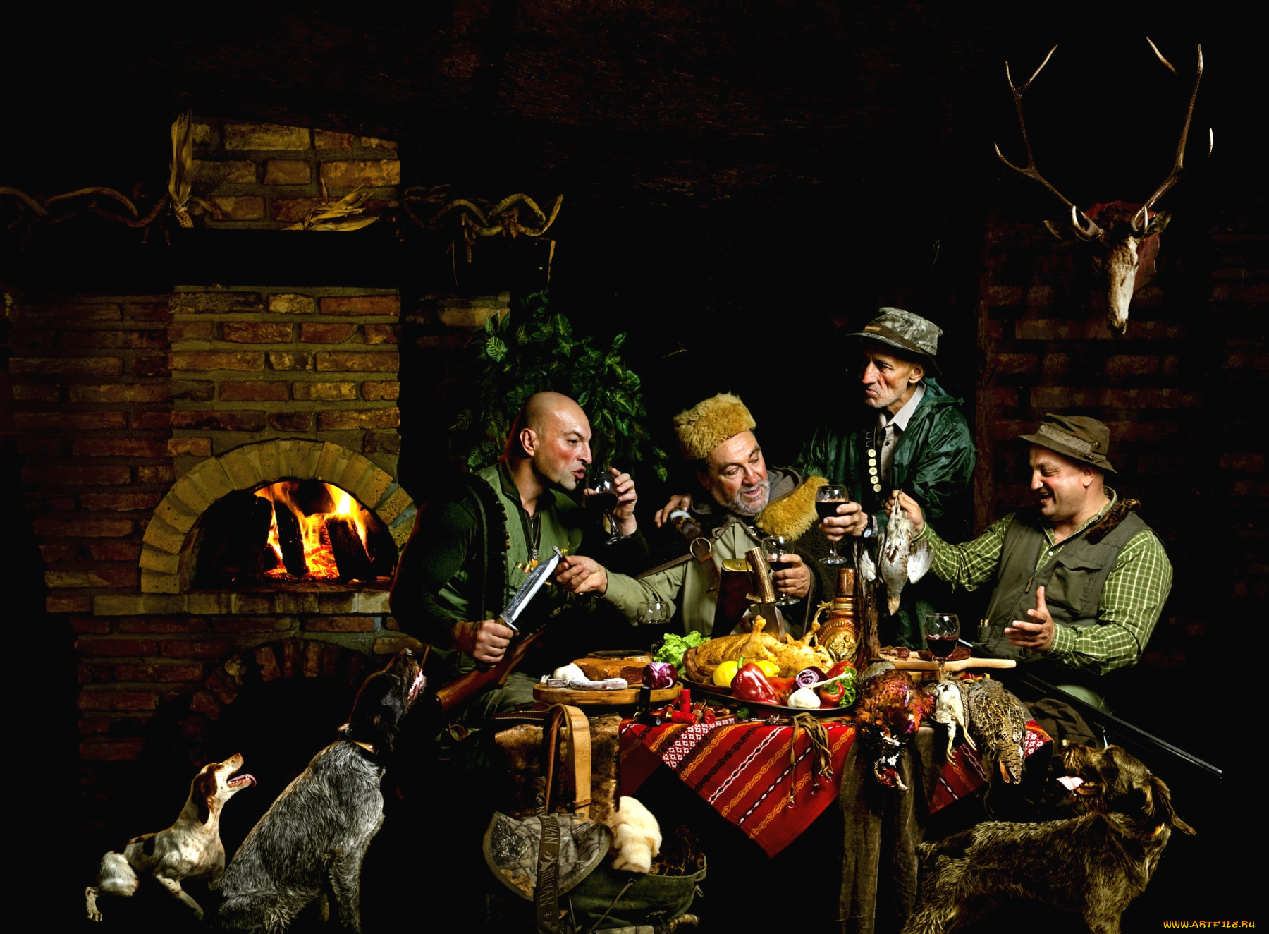 мужчины, unsort, охотники, собаки, камин, трапеза