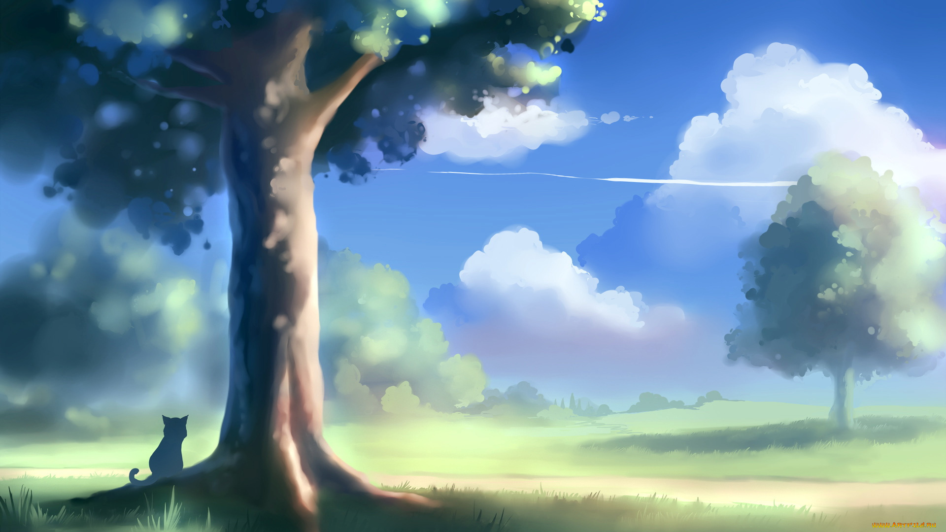 рисованные, животные, коты, кот, дерево