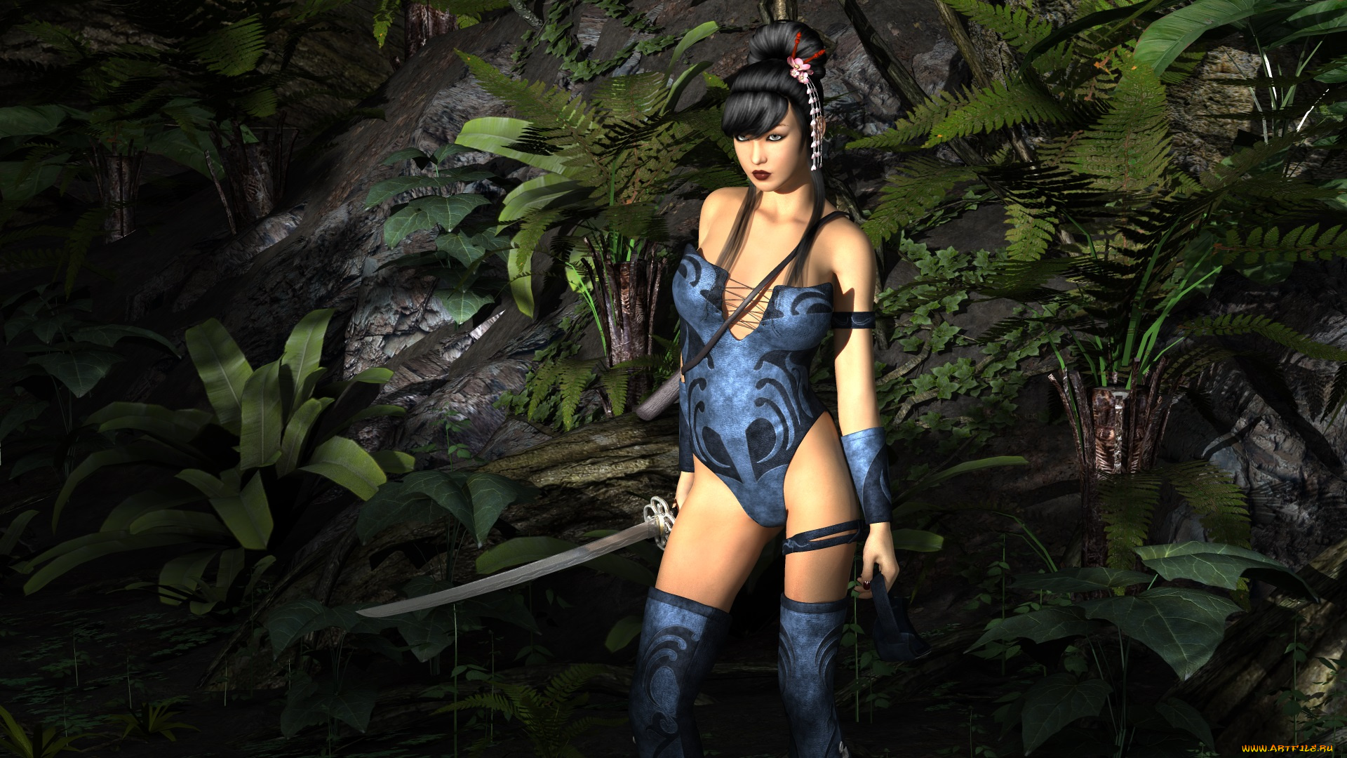 3д, графика, amazon, амазонки, девушка, меч, лес
