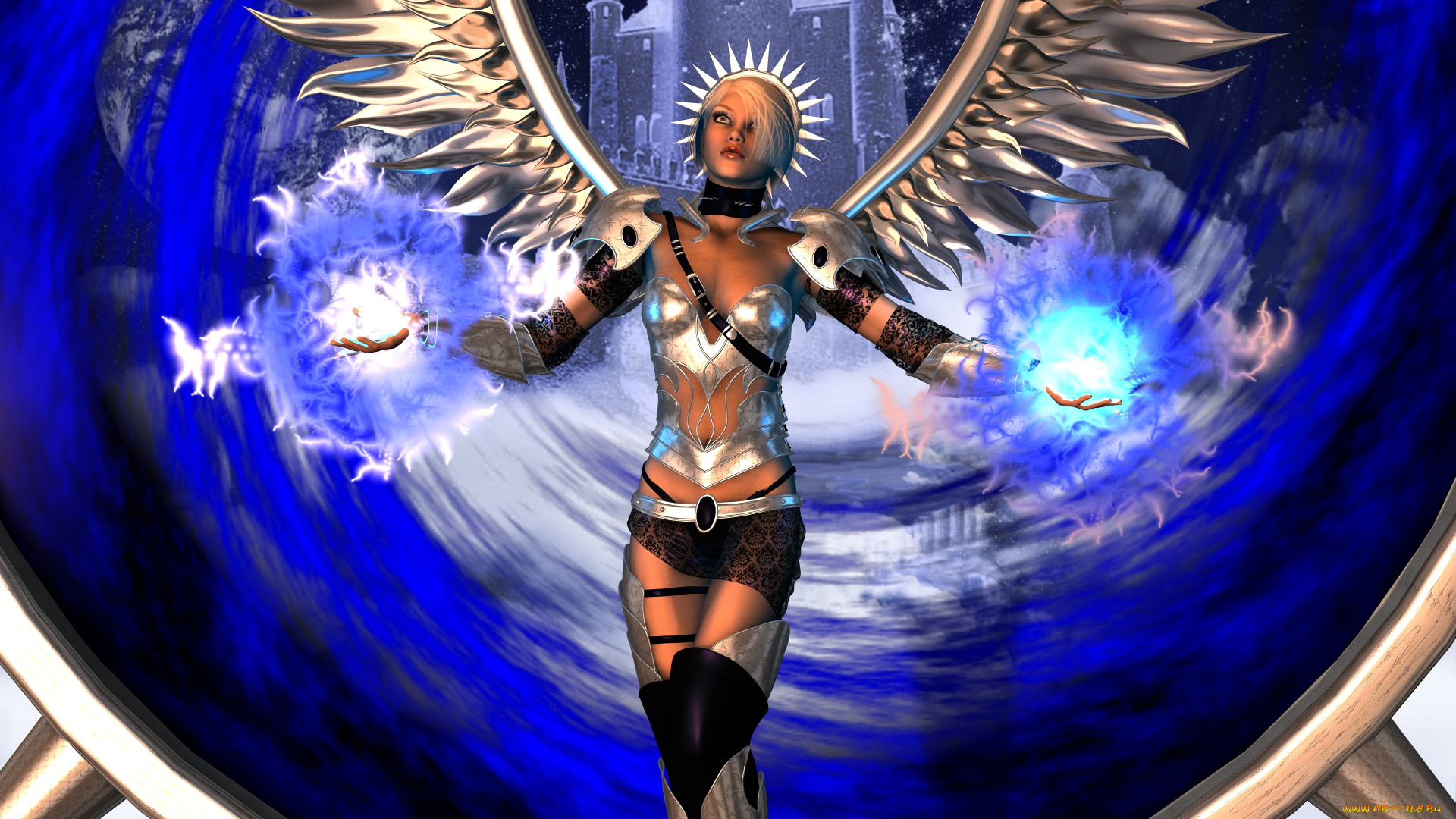 3д, графика, angel, ангел, замок, небо