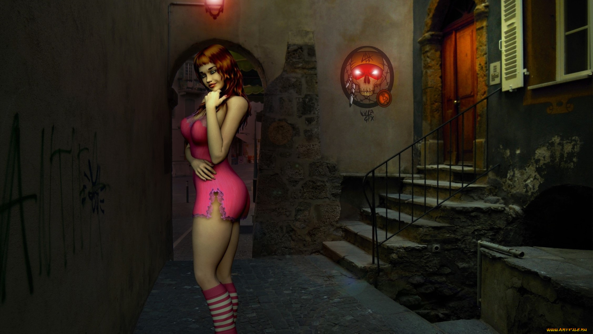 3д, графика, people, люди, девушка, лесница, фонарь