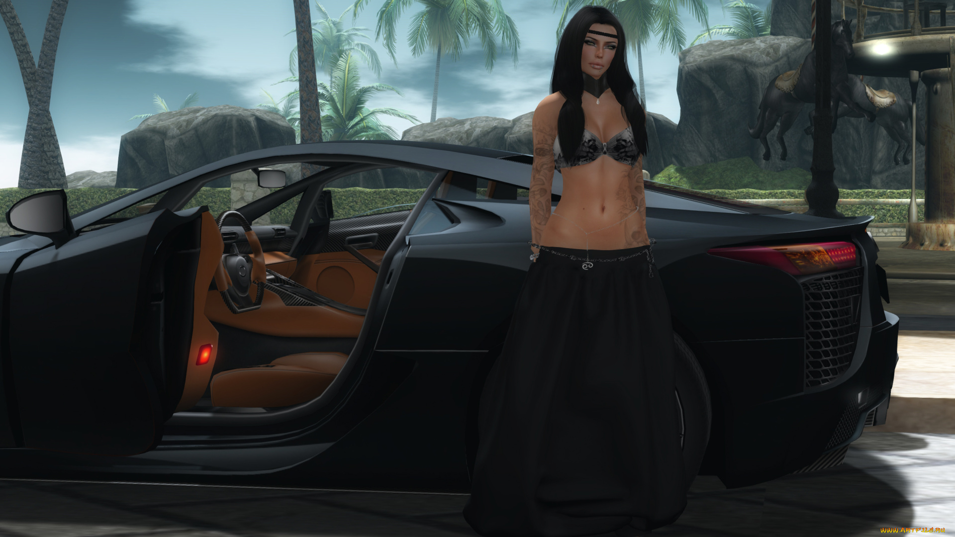 автомобили, 3д, пальмы, автомобиль