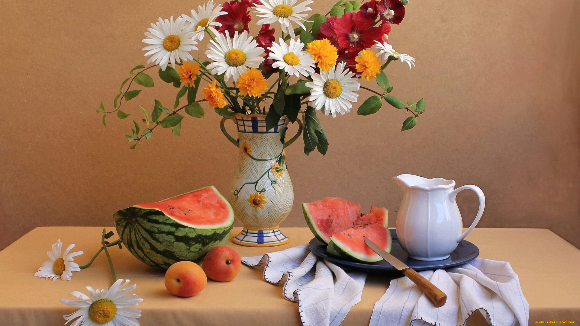 еда, натюрморт, абрикосы, ромашки, арбуз, мальвы