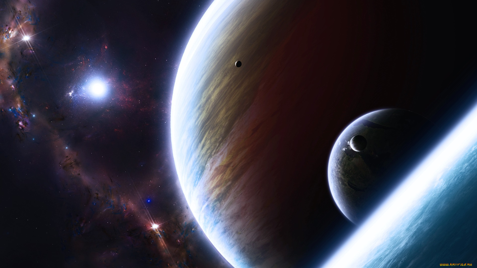 космос, арт, планеты, большие, маленькие, звёзды, галактики
