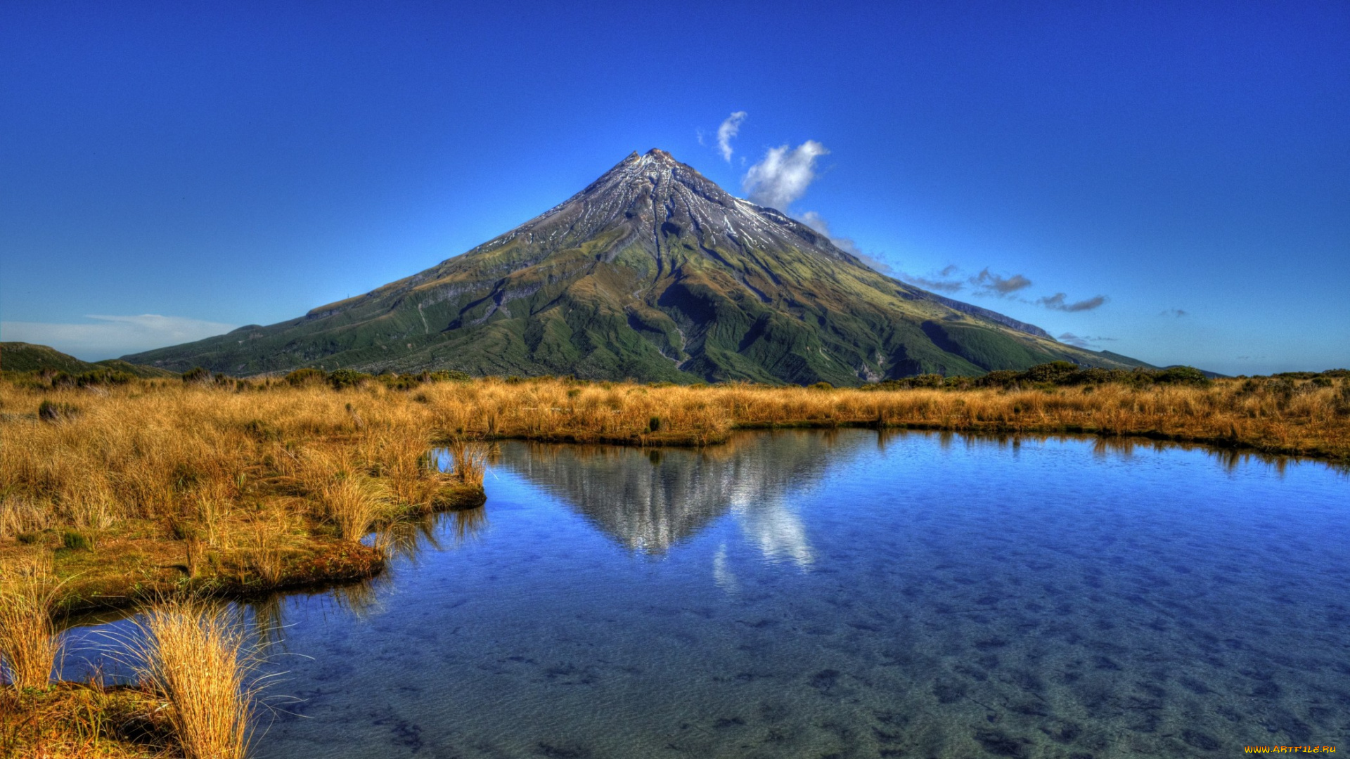mt, taranaki, and, pouakai, tarn, природа, реки, озера, отражение, озеро, облака, гора, поле