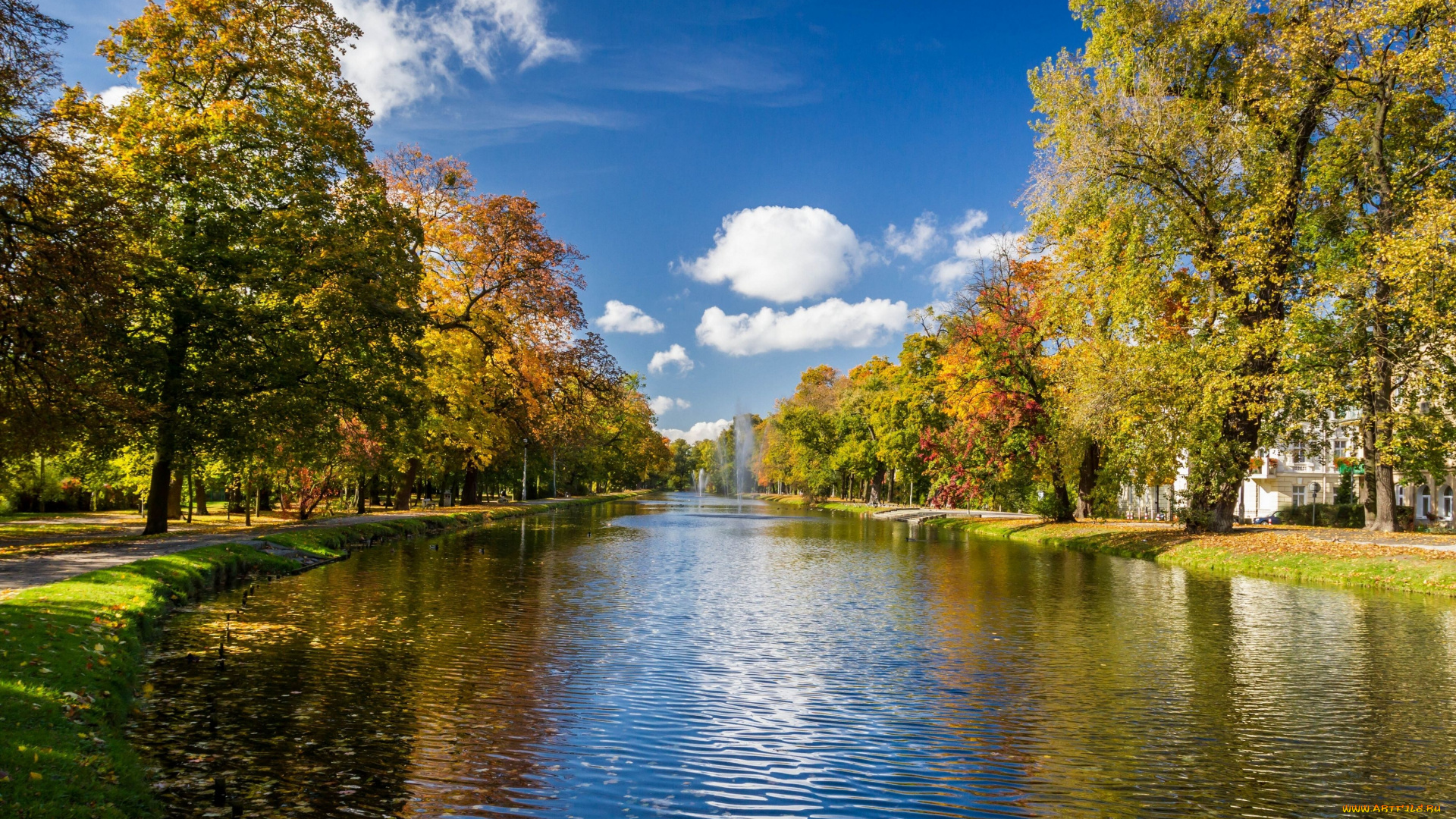 природа, парк, деревья, аллея, река, фонтаны, осень