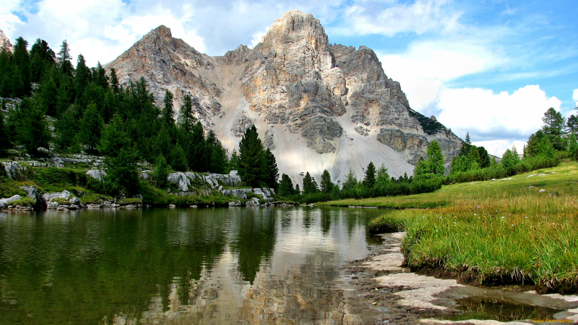 природа, реки, озера, горы, облака, трава, отражение, озеро, лес