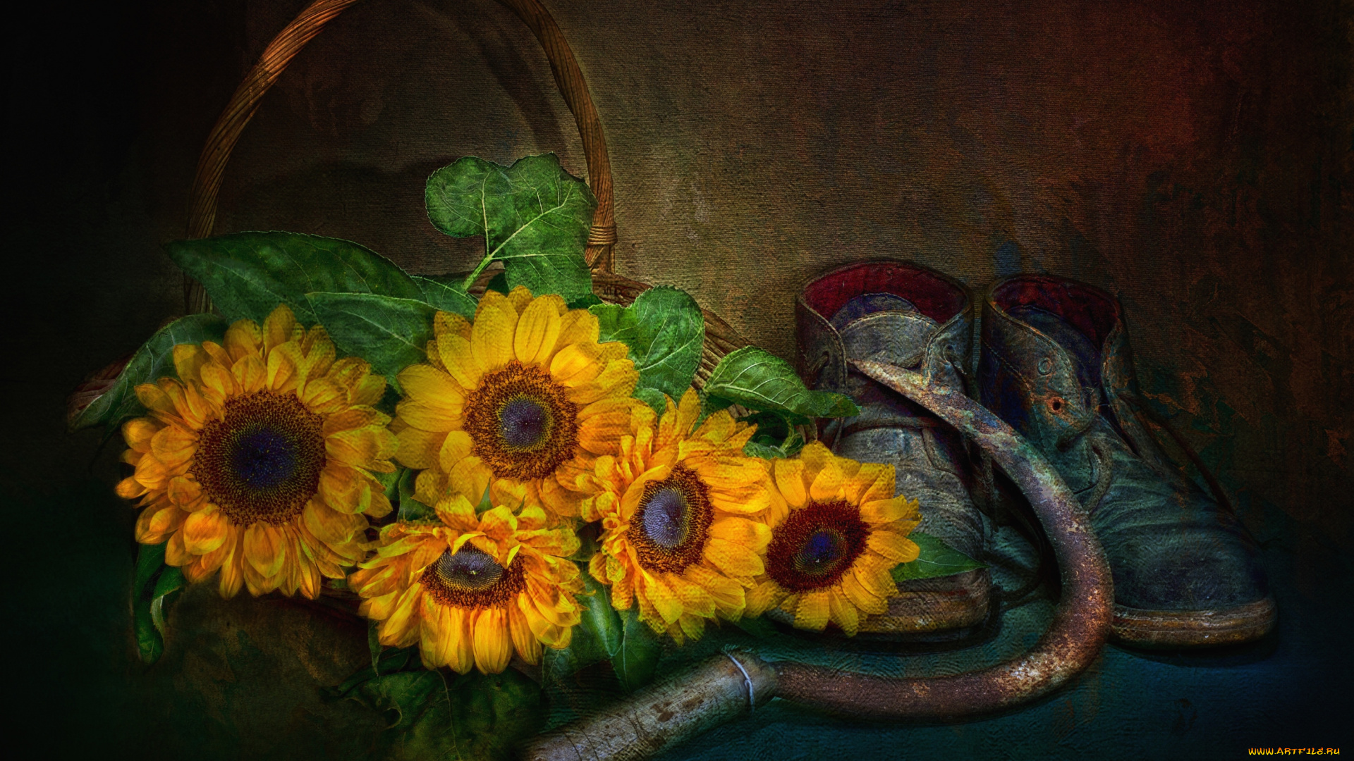 рисованные, цветы, серп, ботинки, подсолнухи