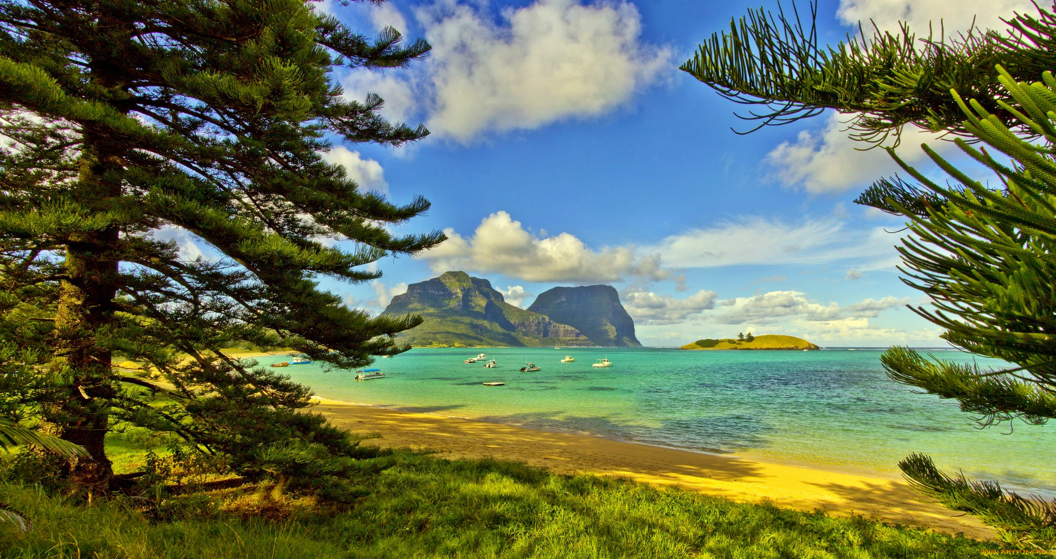 mount, lidgbird, gower, and, rabbit, island, природа, побережье, океан, бухта, горы, пляж, деревья, яхты