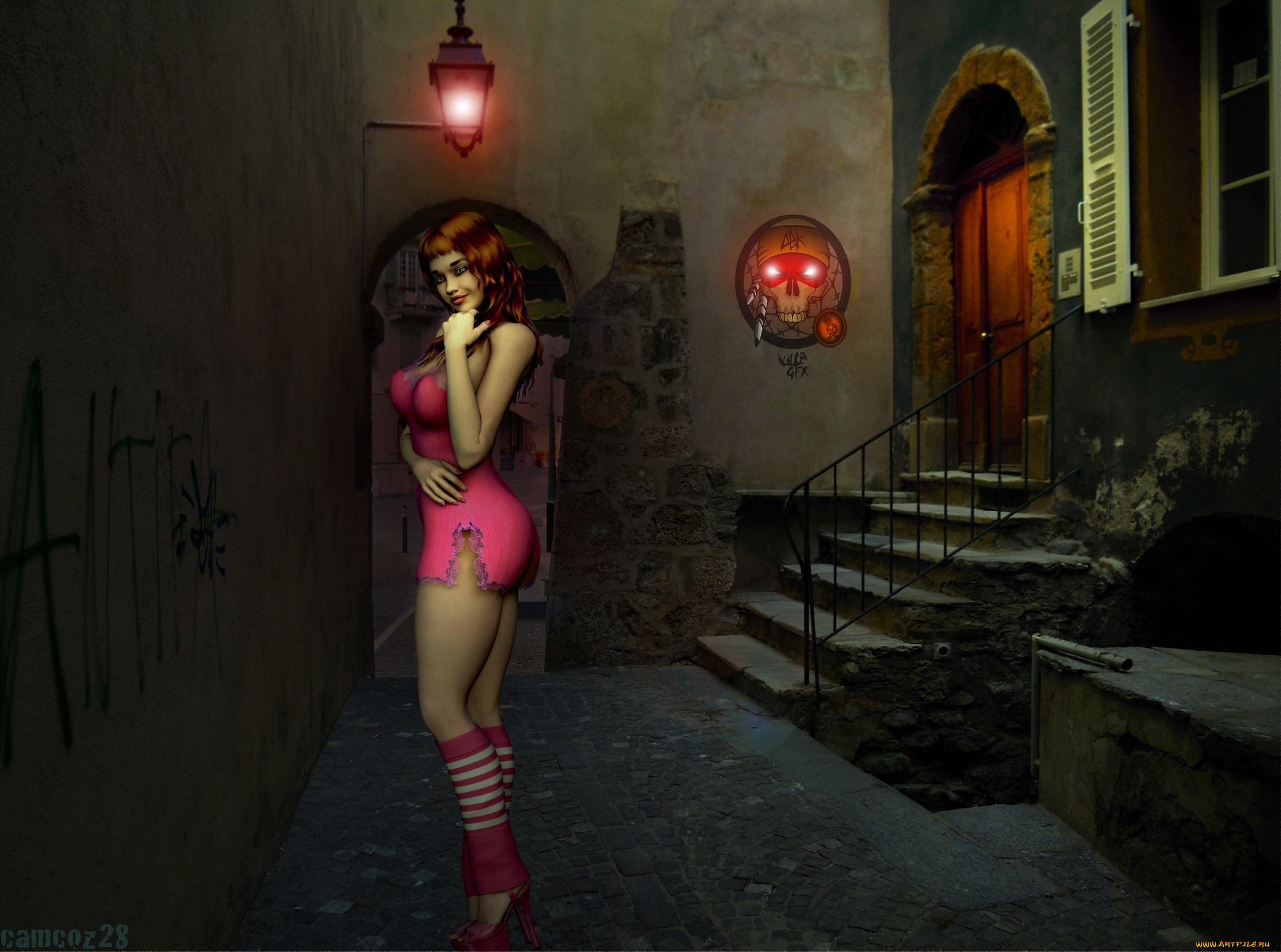 3д, графика, people, люди, девушка, лесница, фонарь