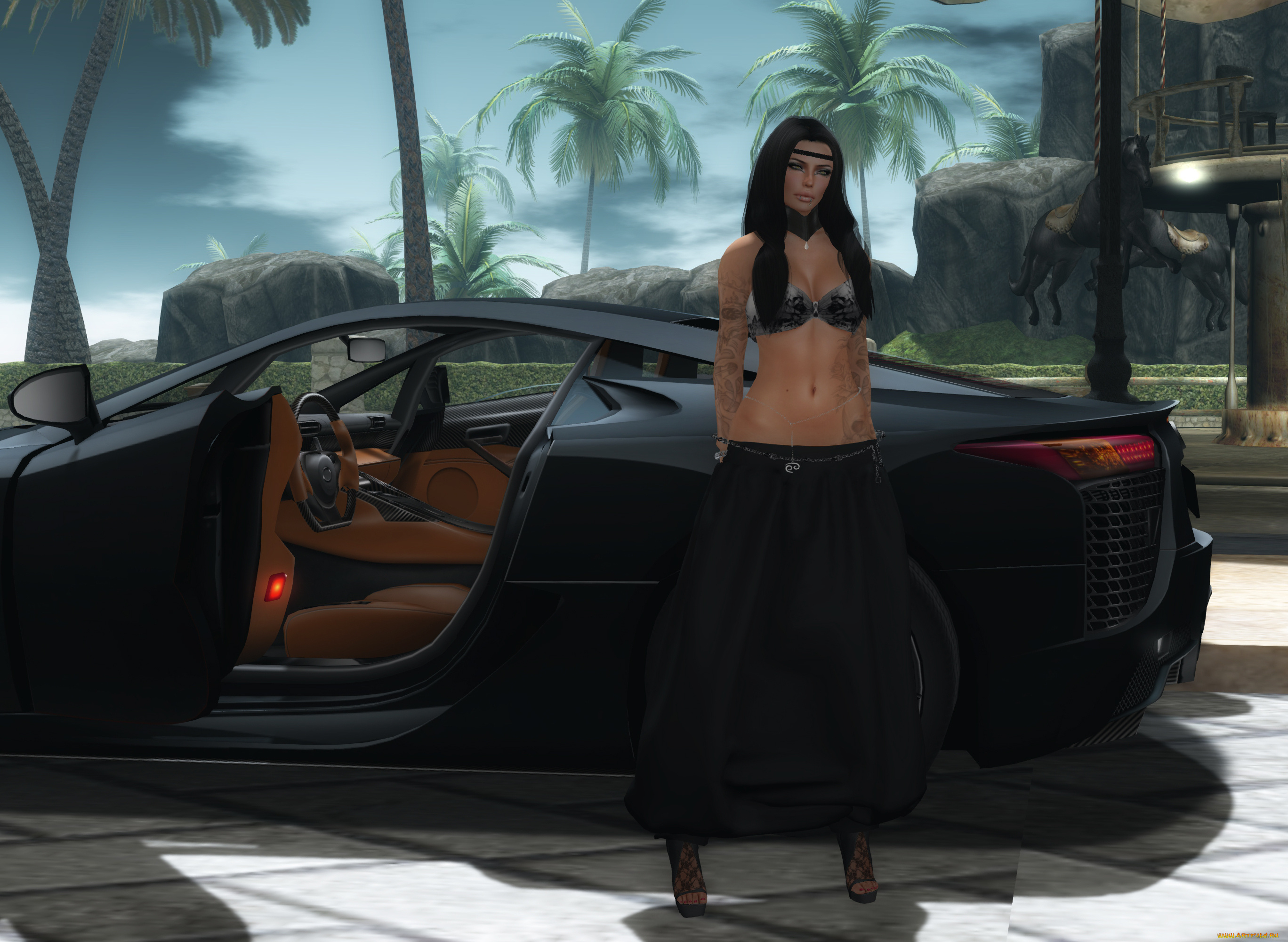 автомобили, 3д, пальмы, автомобиль