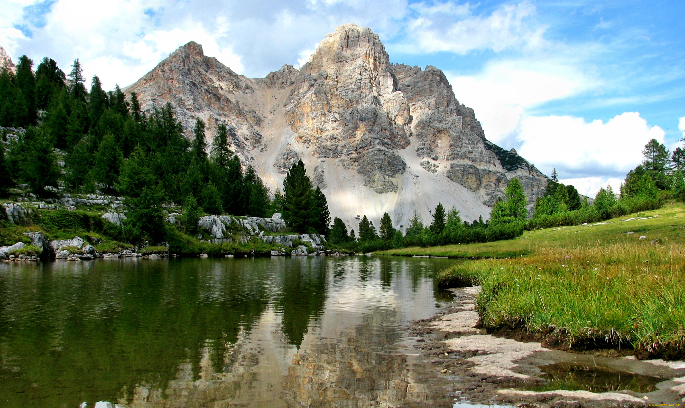 природа, реки, озера, горы, облака, трава, отражение, озеро, лес