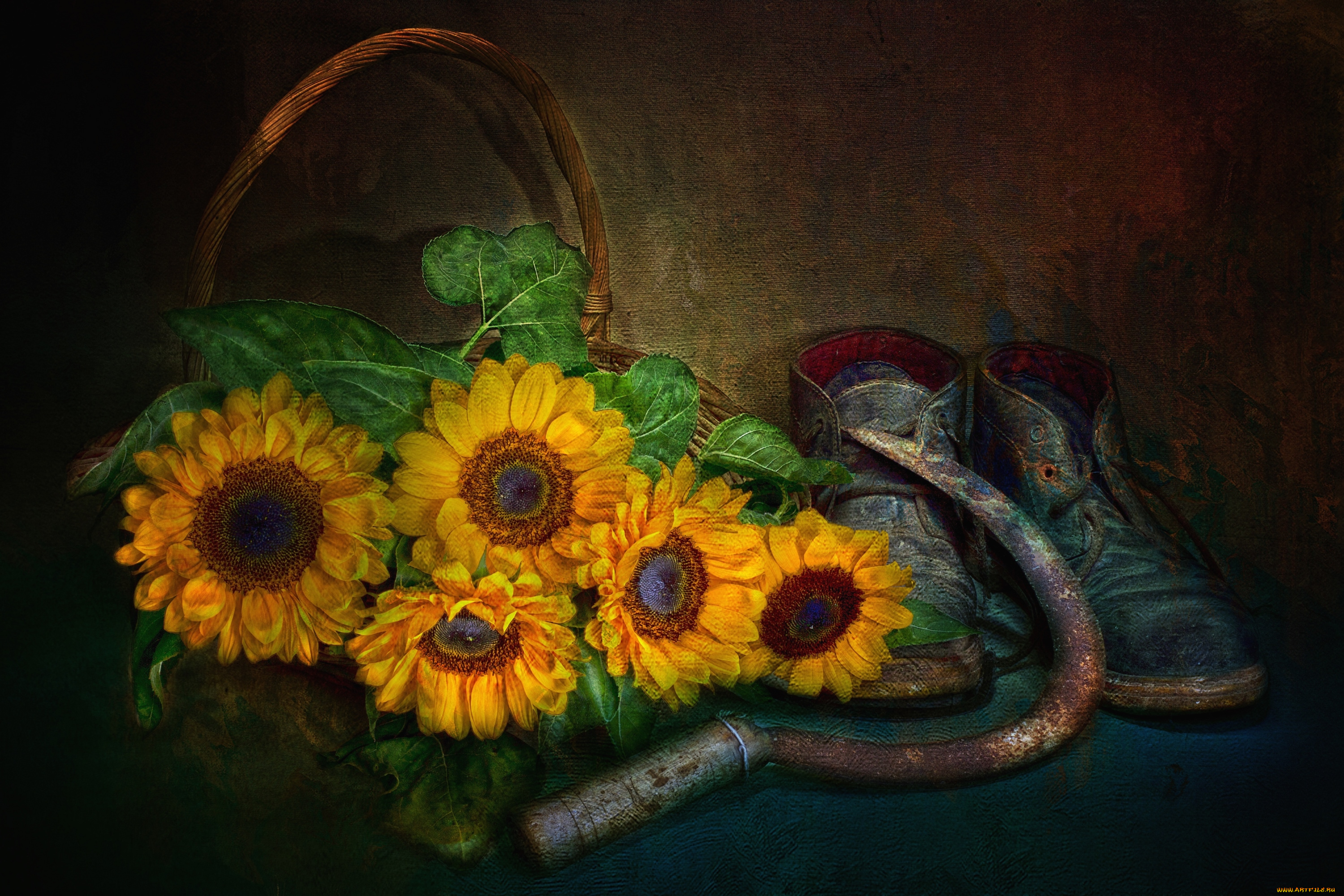 рисованные, цветы, серп, ботинки, подсолнухи