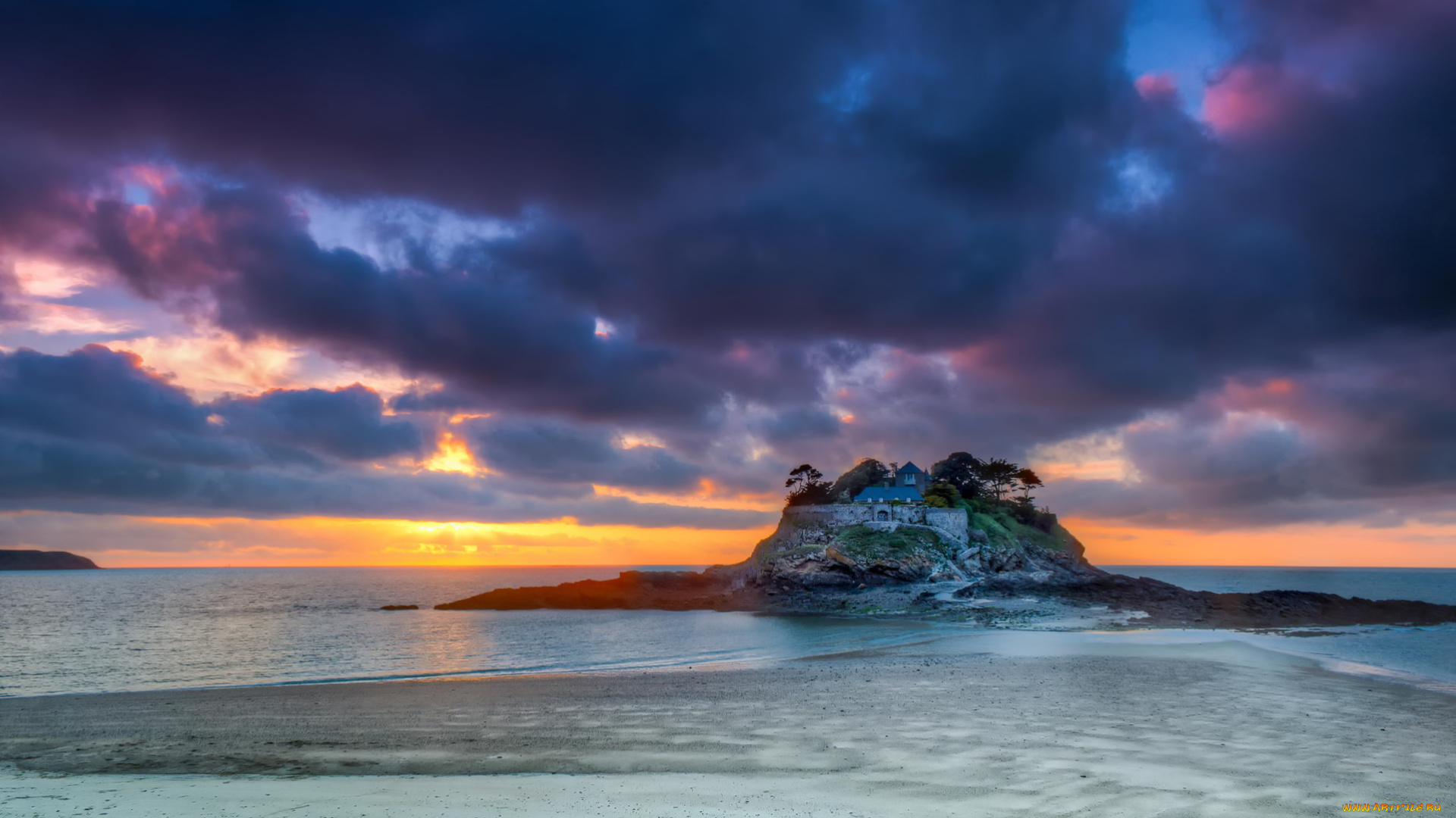 природа, моря, океаны, дом, скала, закат, вечер, небо, облака, пляж, берег, море, франция