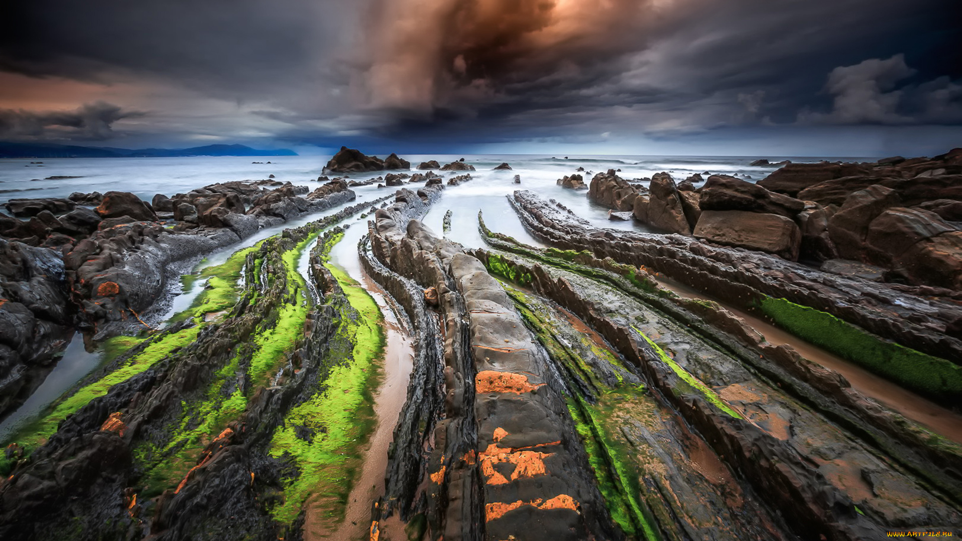 природа, побережье, выступы, турбидиты, мох, грязь, камни, океан, бискайский, залив, баррика, испания, облака, вода, песок