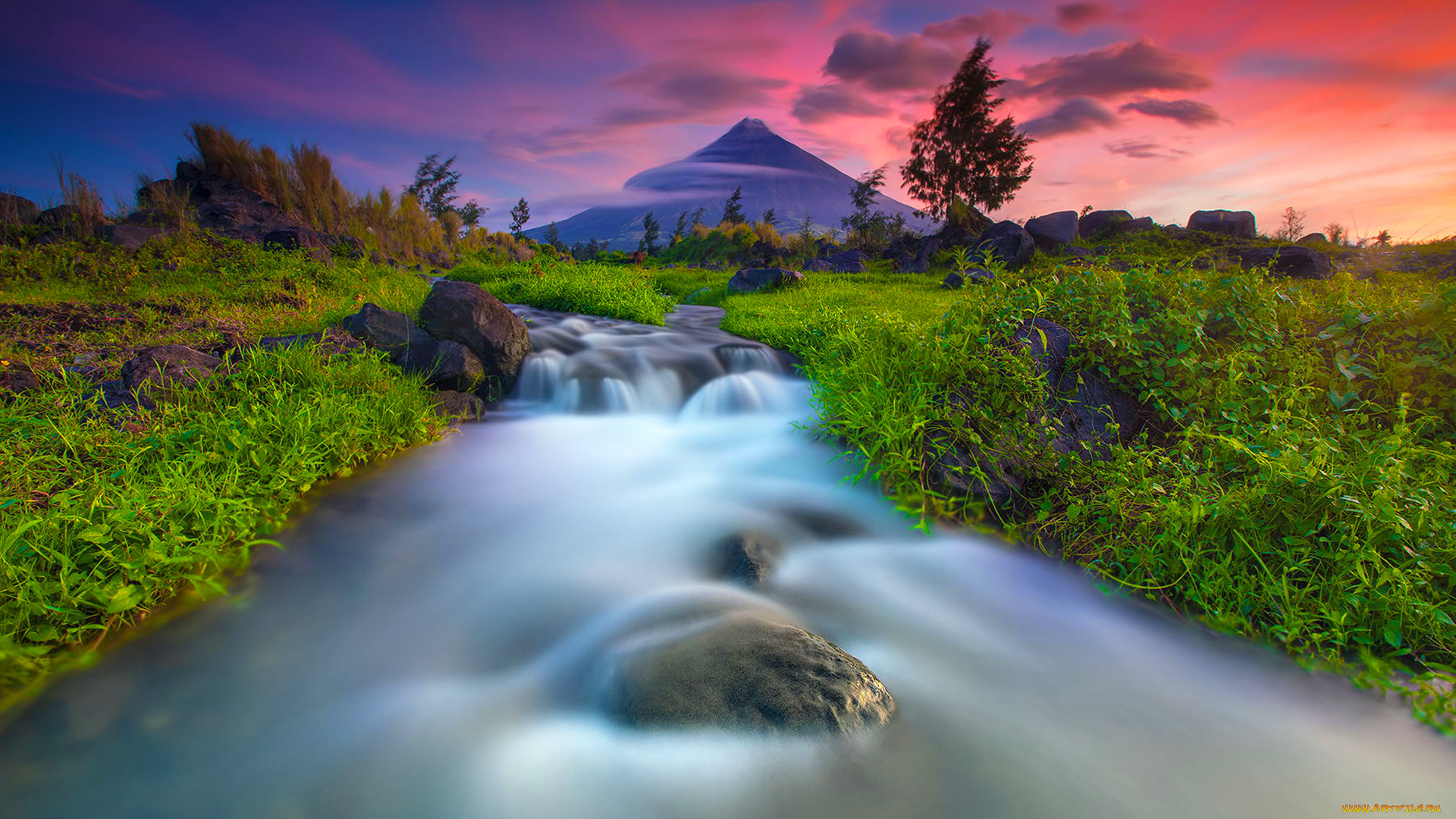 природа, реки, озера, гора, вулкан, река, ручей, поток, трава, камни, небо, закат, выдержка