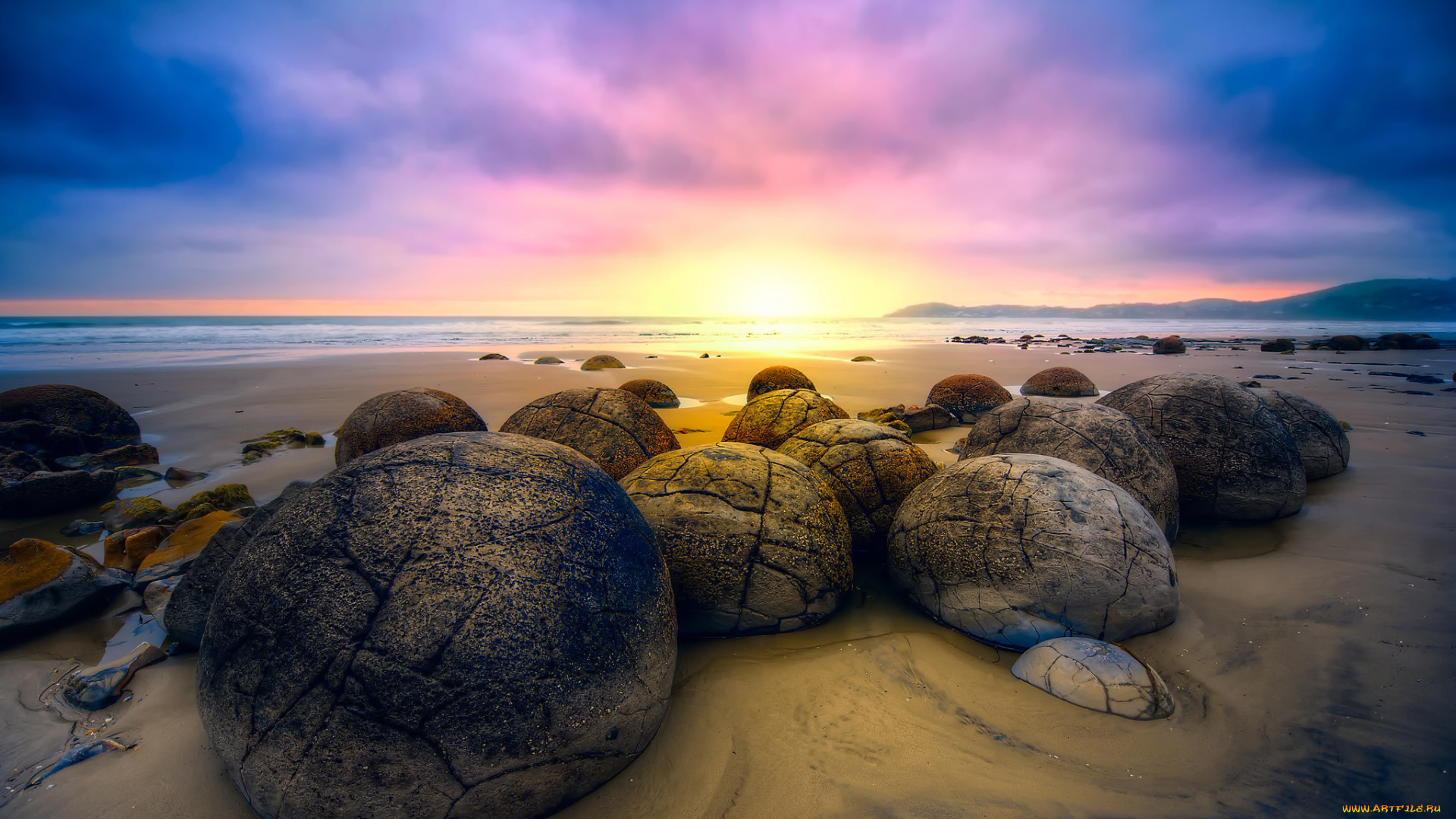 природа, восходы, закаты, океан, новая, зеландия, песок, восход, небо, пляж, moeraki, boulders, валуны, моераки, камни