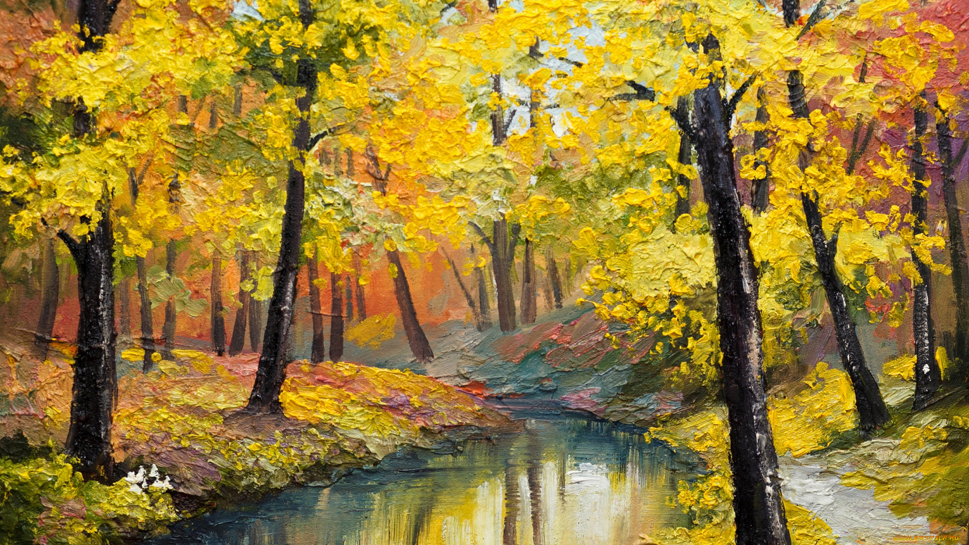 рисованные, живопись, деревья, листья, окрас, осень, время, года, река