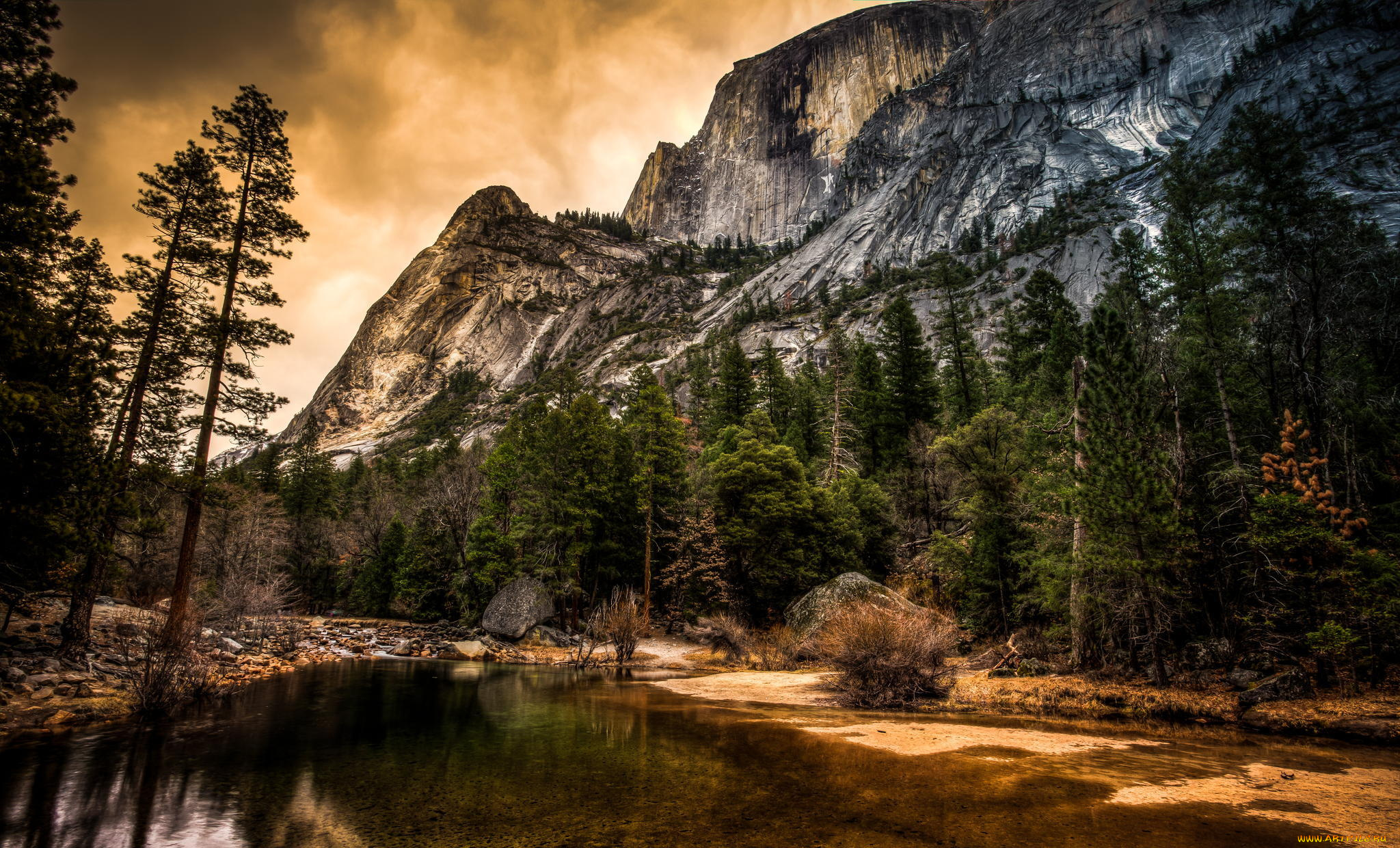 природа, горы, national, park, yosemite, река, деревья, скалы, йосемити, california
