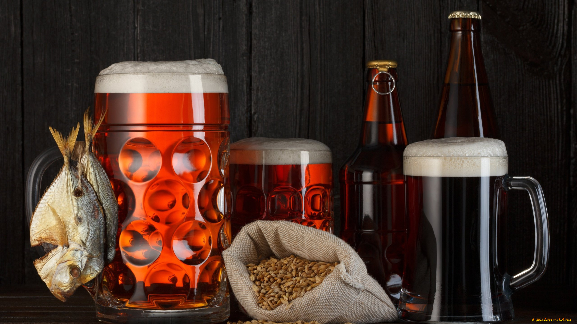 еда, напитки, , пиво, зерна, рыбы, кружки, черный, фон, пена, бутылки, пиво