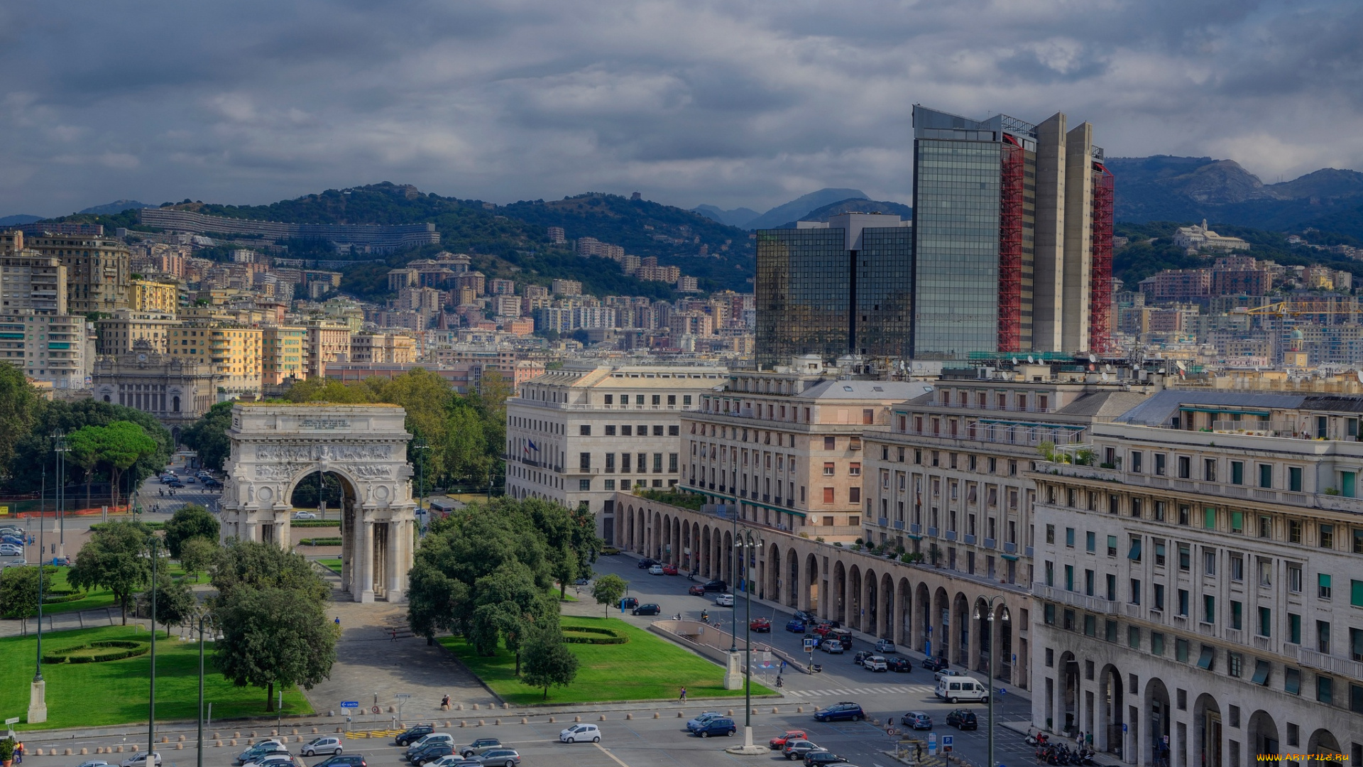 города, -, панорамы, арка, победы, генуя, панорама, италия, площадь