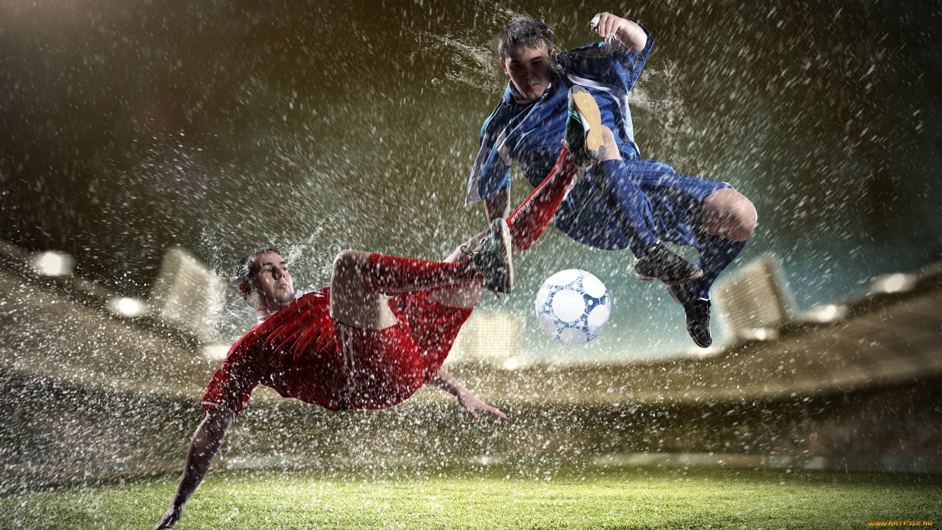 спорт, футбол, мужчины, двое, брызги, трава, мяч