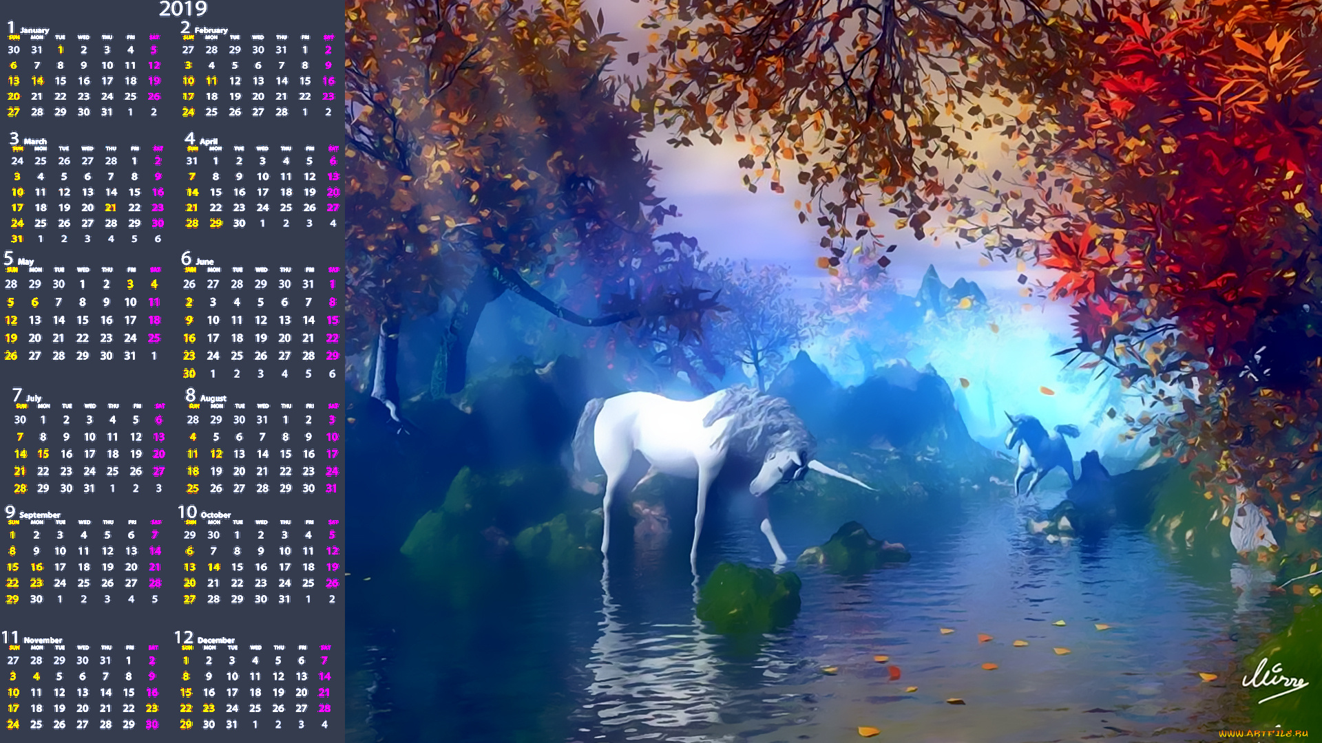 календари, 3д-графика, 2019, calendar, конь, лошадь, растение, природа, водоем, единорог