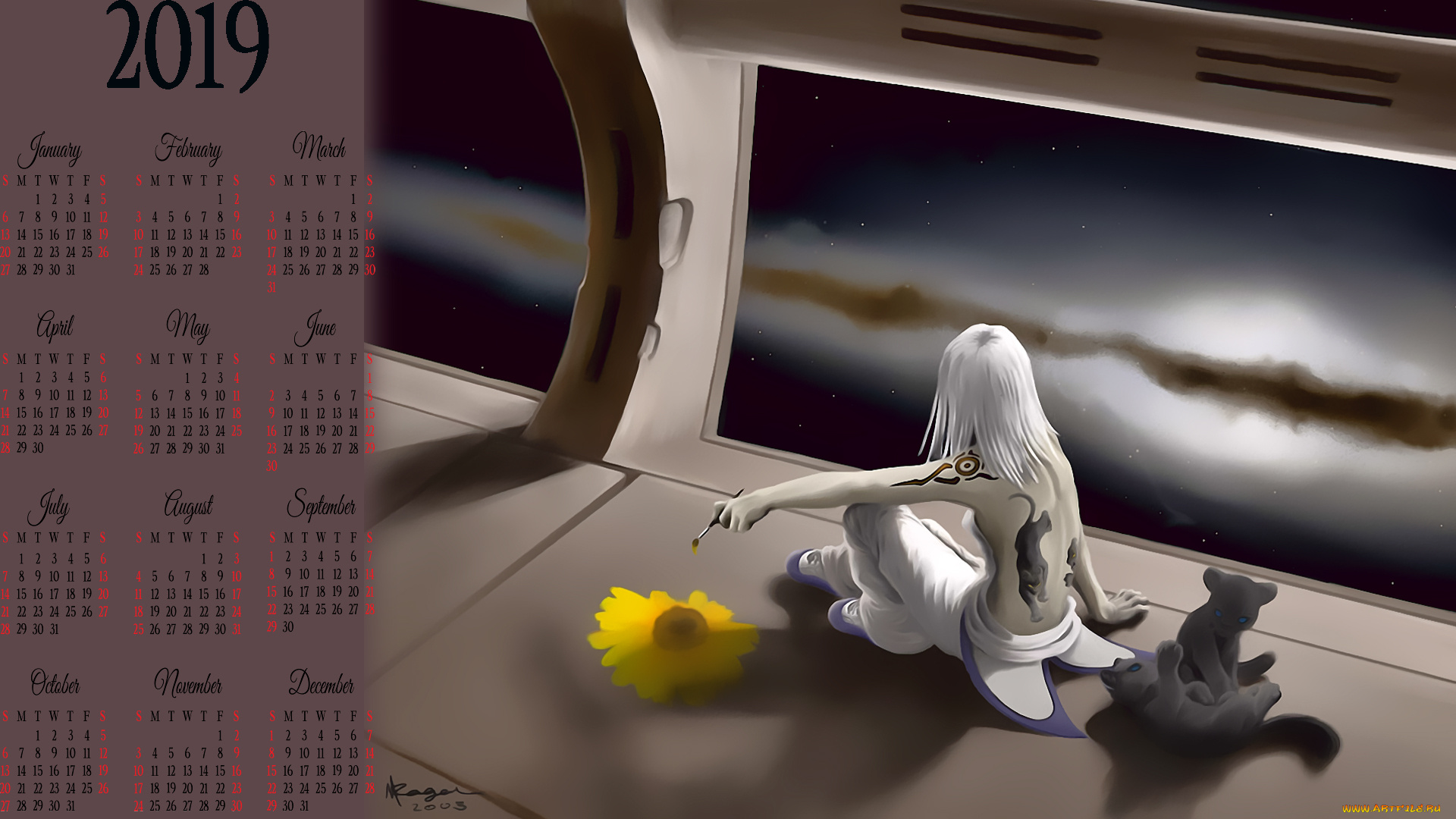 календари, фэнтези, 2019, calendar, сидит, животное, девушка