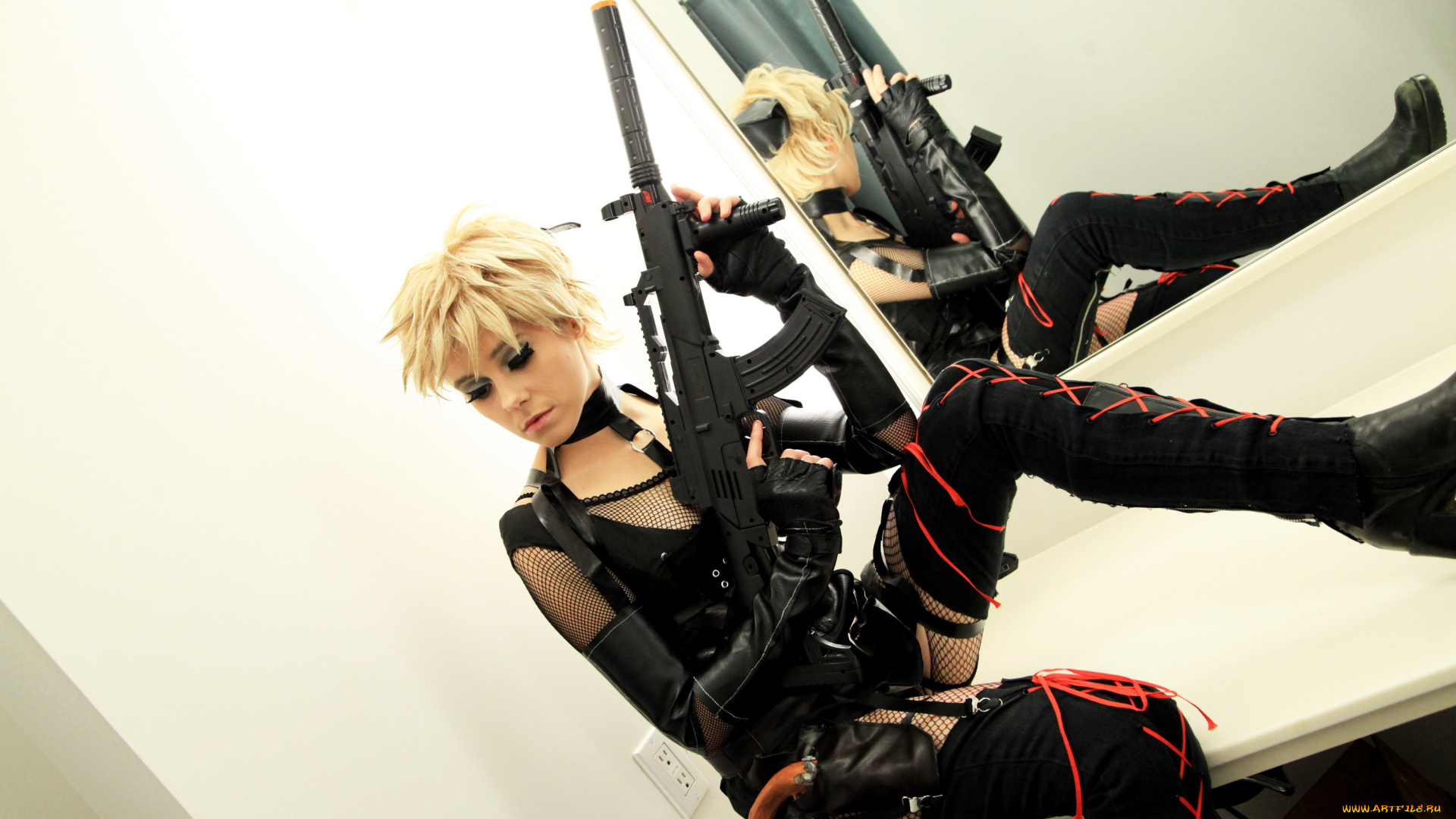 девушки, -, креатив, , косплей, девушка, фон, униформа, автомат